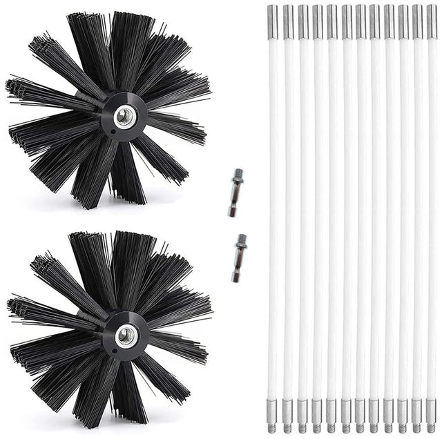 Kit de Ramonage, Brosse Nettoyage Cheminée Ø150mm pour Cheminées avec 12 Tiges Flexibles de 410 mm et 2 TêTes de Brosse