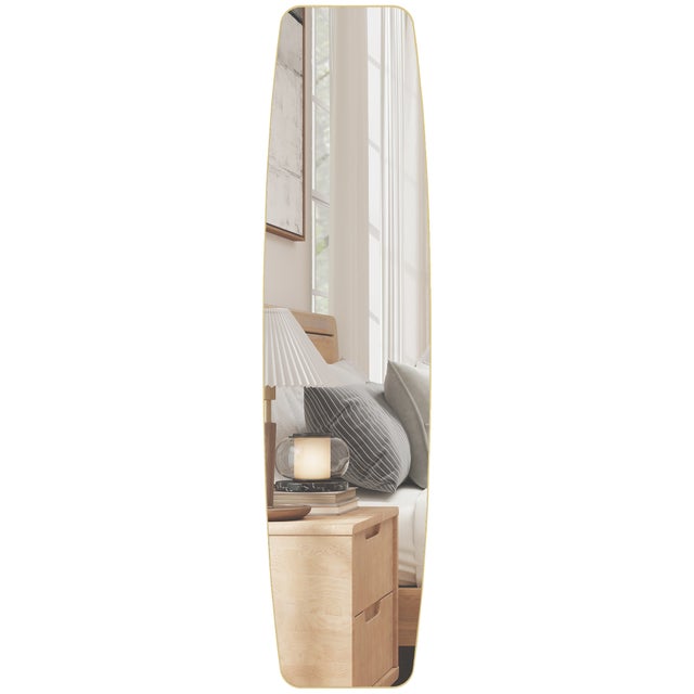 Duży Owalny Wall Lustro 160 x 40 cm, Nowoczesny Hanging Lustro, Metal i Drewno Rama, Ready do Hang, Złoty