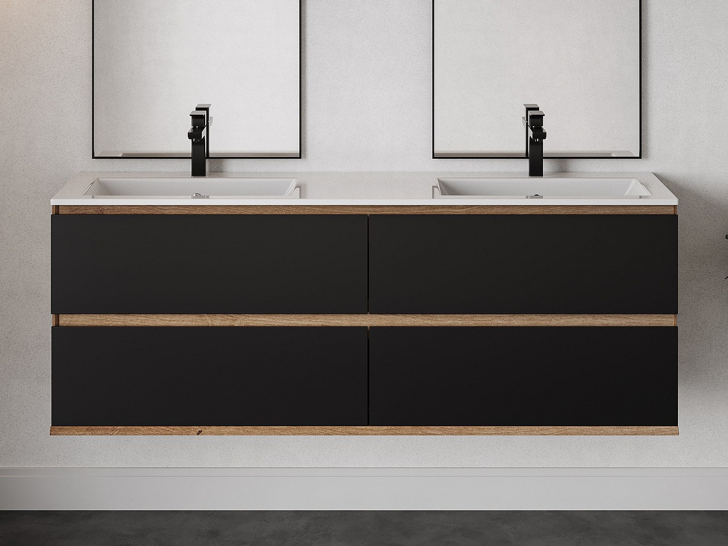 Meuble Suspendu Sous Vasque SABURI 150 Cm - Coloris Naturel Clair Et Noir, 4 Tiroirs Soft Close