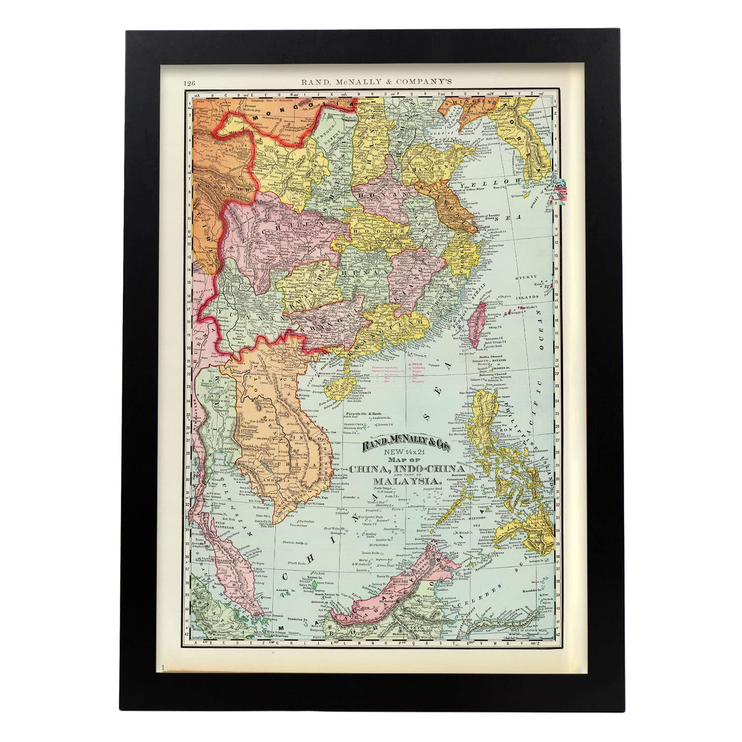 Nacnic pósters geográficos en estilo vintage mapa de indochina de 1897 ilustraciones de antiguos mapamundis en tonos sepia tamaño a3, con marco negro