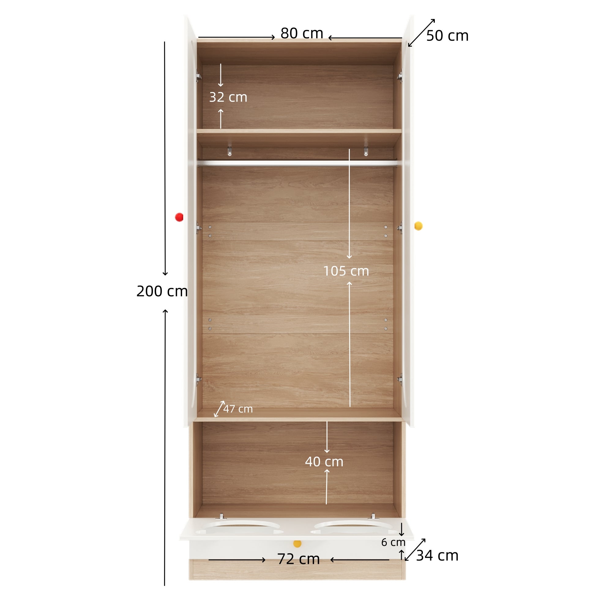 Zestaw 2 szaf dziecięcych 160x50x200 cm - z drążkiem na ubrania - z legowiskiem dla kota - 4 drzwi - kolor biały + kolor naturalny - 3