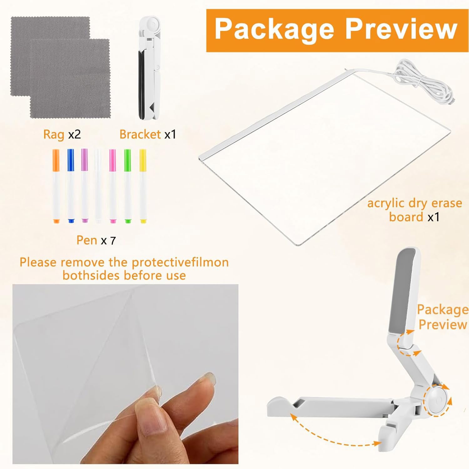 Tableau à dessin lumineux en acrylique, tableau d'affichage lumineux LED, tableau blanc effaçable avec 7 stylos de couleur (lumière chaude). - 4