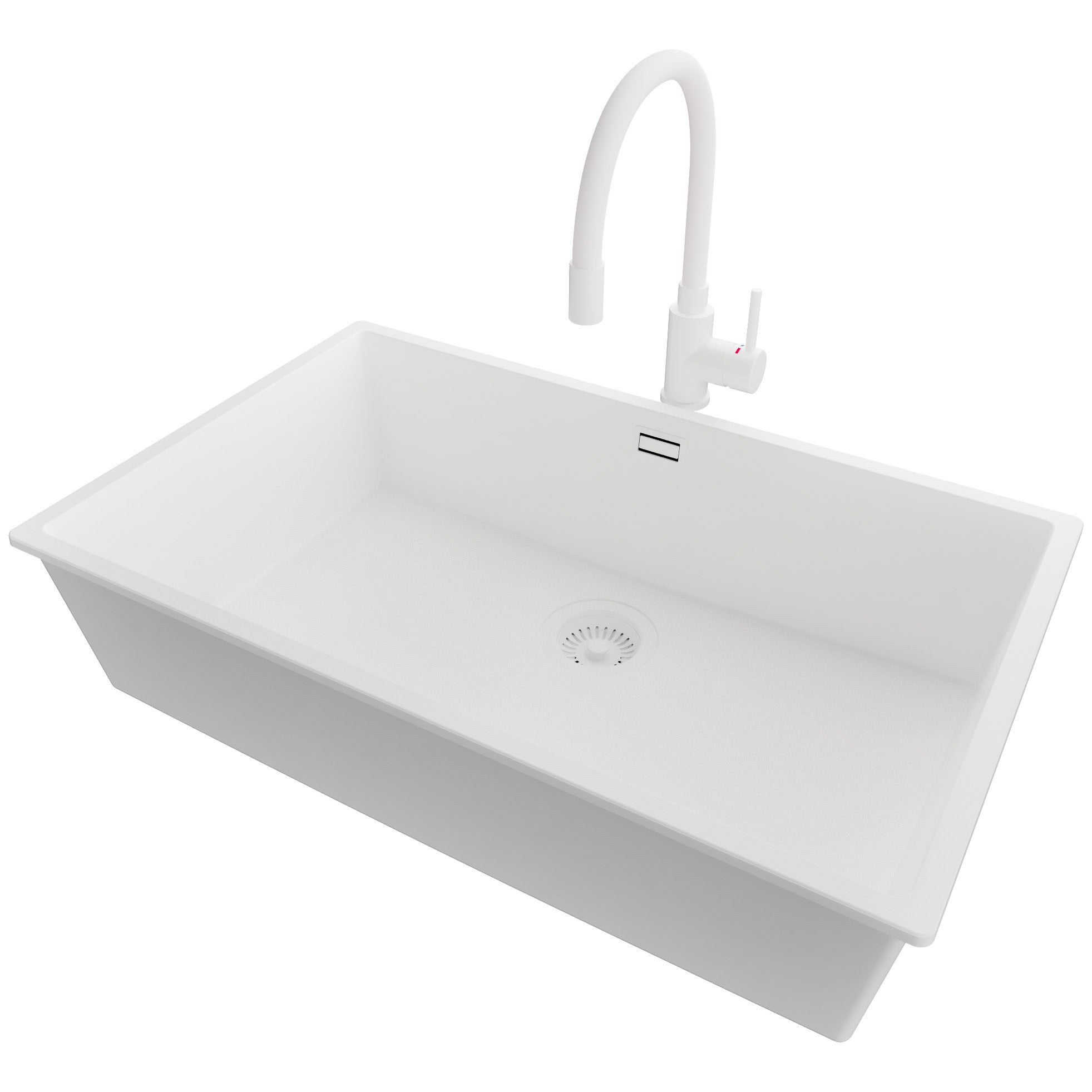 Zlewozmywak podblatowy Cały Biały 76x47cm, Zlew Kuchenny 1 Komorowy + Bateria 38x14cm + Syfon, do szafki od 80cm - Londyn PRIMAGRAN
