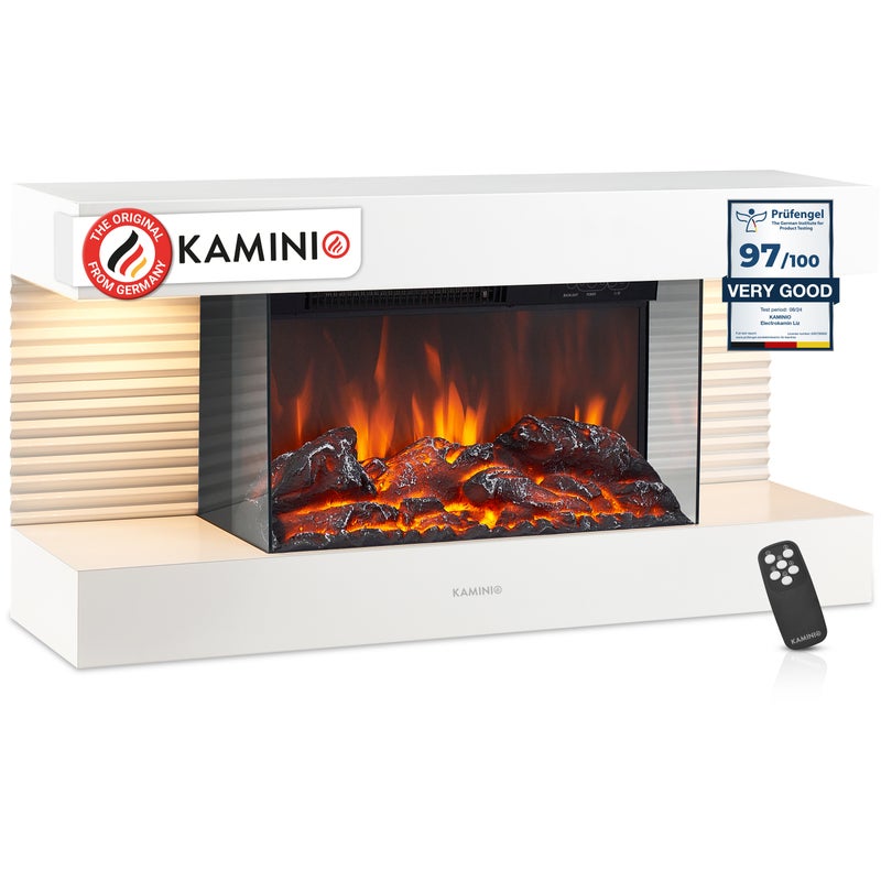 KAMINIO Kominek elektryczny LIZ – kominek ścienny z ogrzewaniem, efektem płomienia 3D, oświetleniem nastrojowym, pilotem – Biały