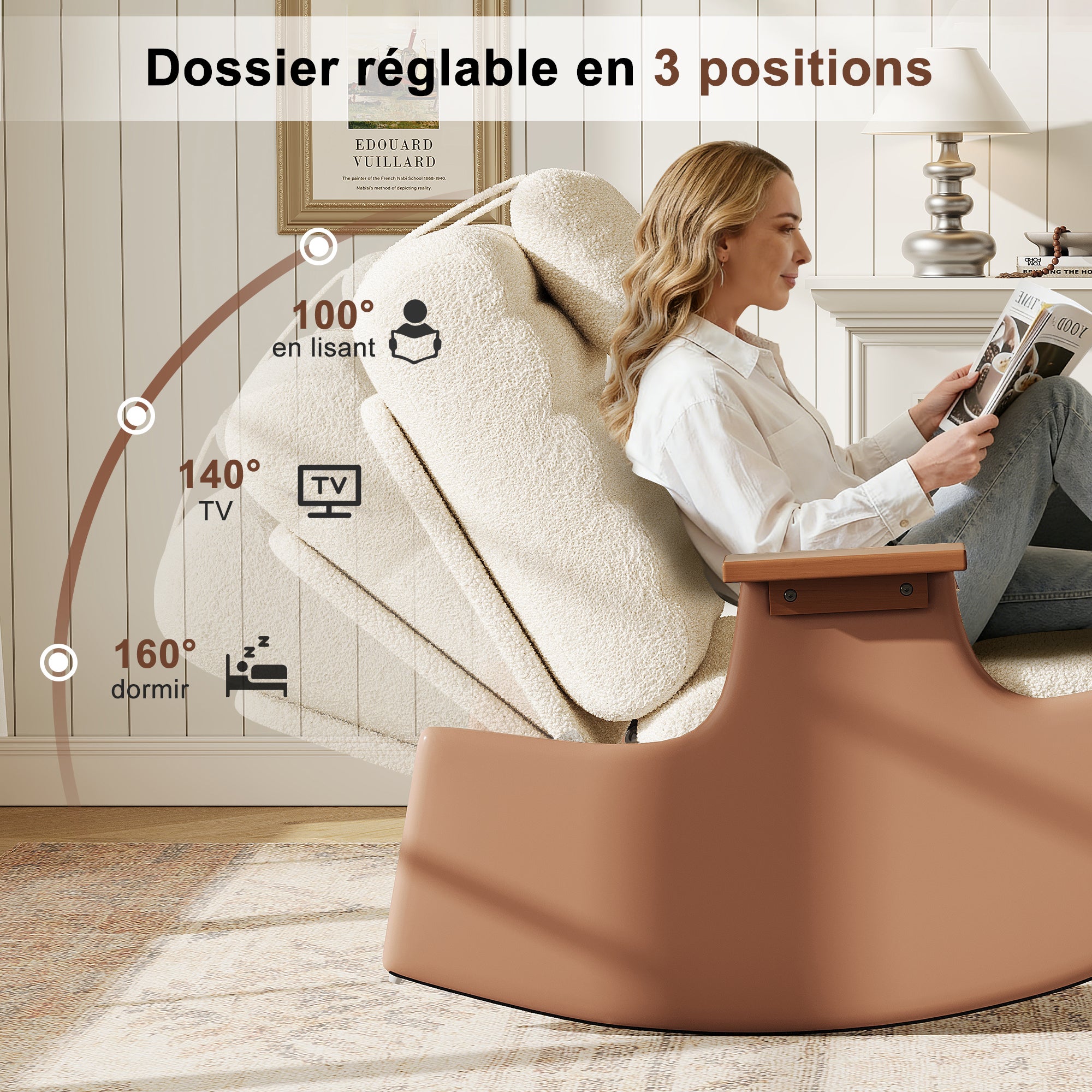 Fauteuil a Bascule avec Repose Pieds, Chaise a Bascule Allaitement Réglable 3 Positions Rocking Chair Intérieur Extérieur avec Coussin, Laine d'agneau - 7