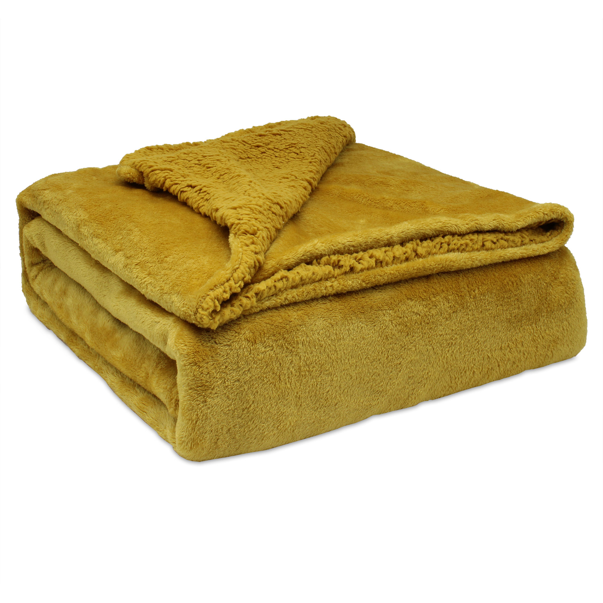 Manta sofá invierno grande sedalina lisa y borreguito polar sherpa 220x240cm calentita gruesa, briebe, mostaza, 93690
