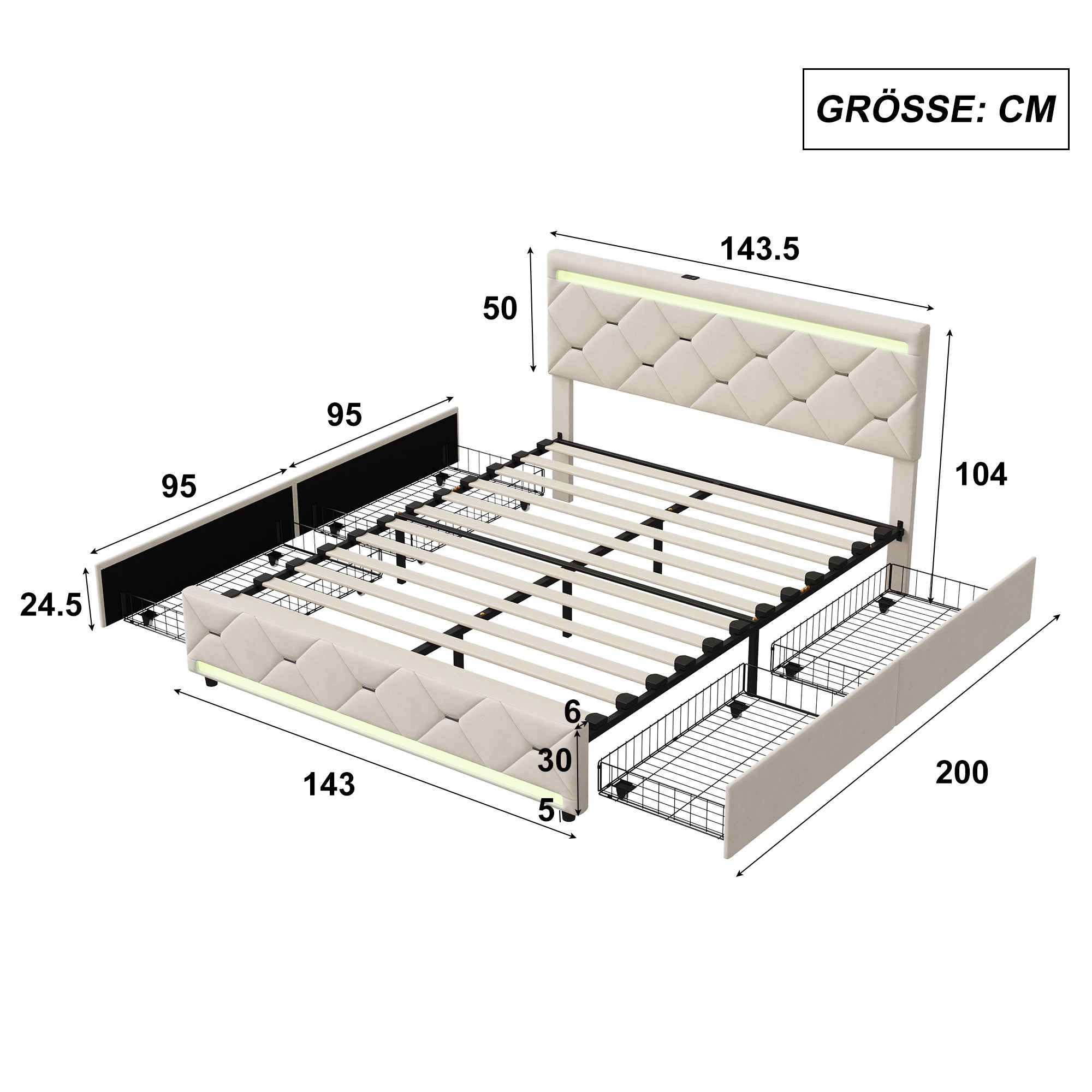 Lit 140x190 cm avec LED et 4 tiroirs, cadre de lit double avec sommier à lattes, lit adulte, tissu en velours, 140x190 cm, blanc cassé - 6