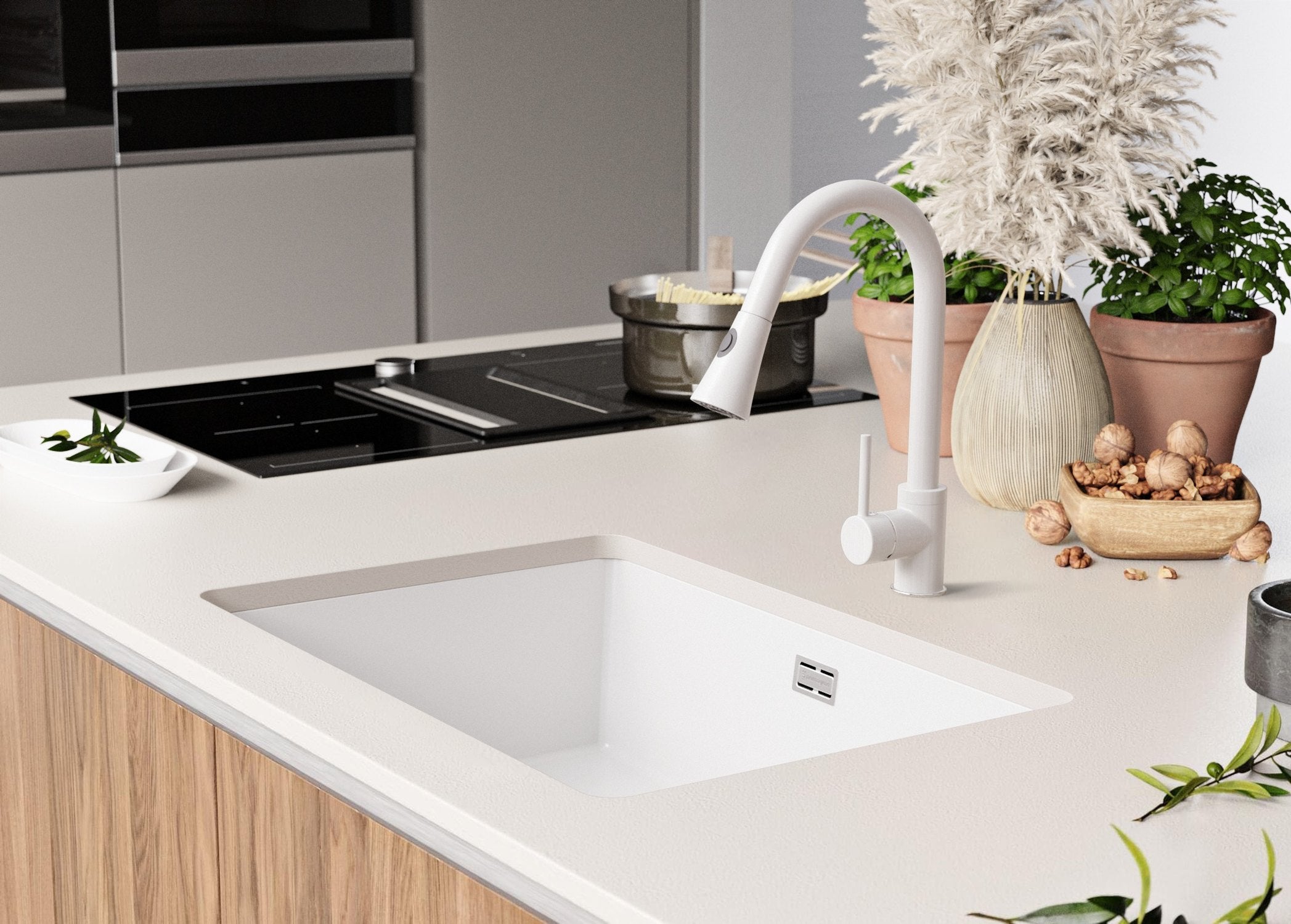 Lava-louça de encastrar Branco 66x47cm, Pia de Cozinha 1 cuba + Kit de drenagem, Pia em Granito em armários de 70cm - Londres Duplo PRIMAGRAN - 8