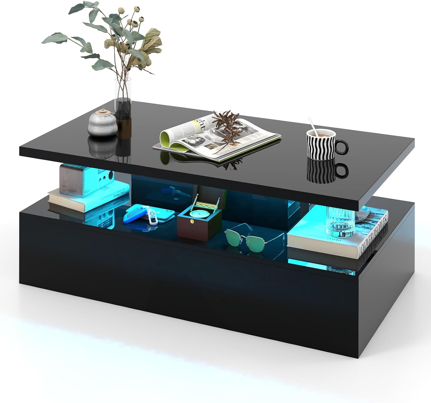 Lakierowany Stolik Kawowy 110 × 60 × 40 cm, 20 Diod LED, 8 Poziomów Jasności, Pilot Zdalnego Sterowania, 19 Trybów, Łatwe Czyszczenie