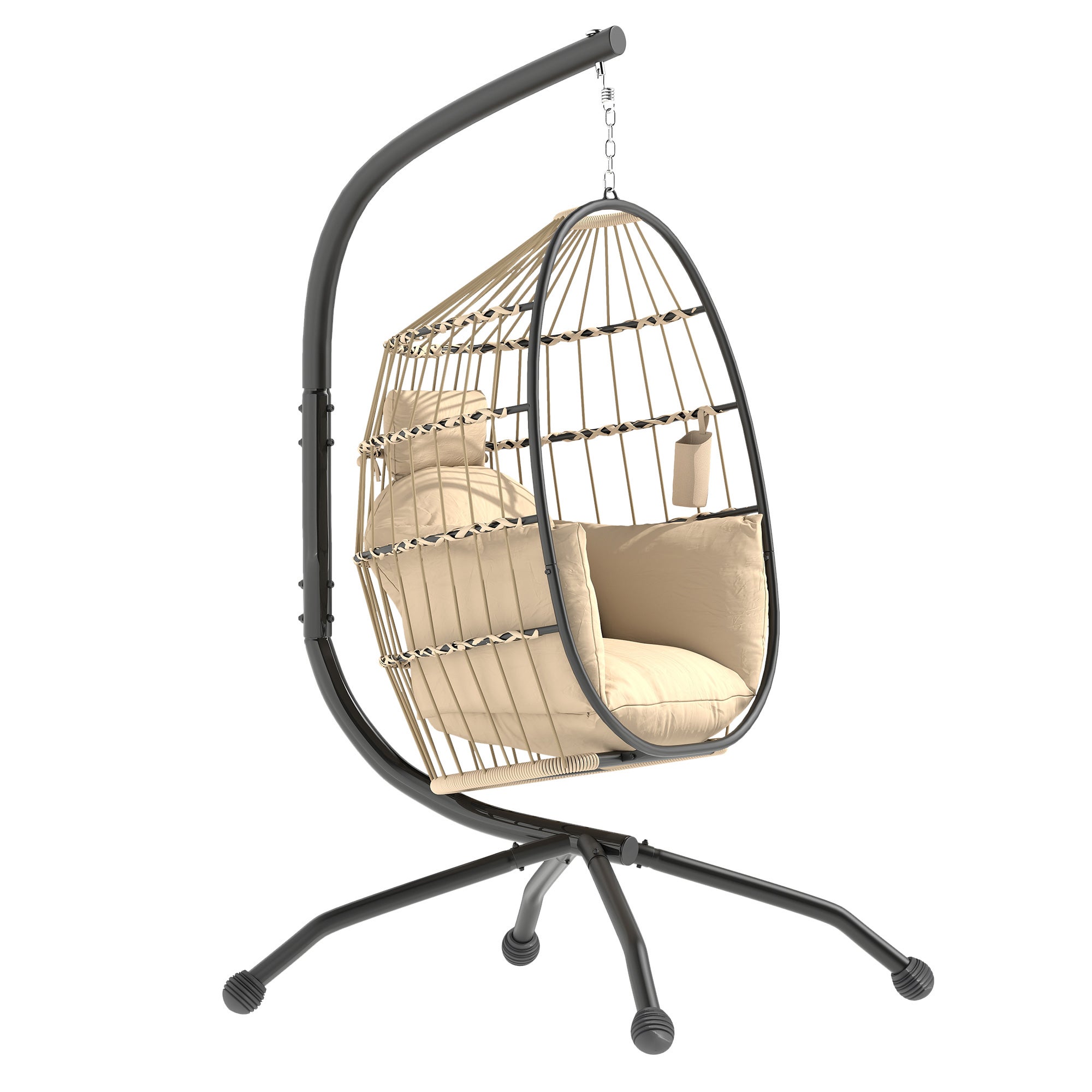 Fauteuil suspendu en forme d’œuf avec crochet réglable, 2 coussins et panier pliant, 120x88x192 cm, kaki - 2
