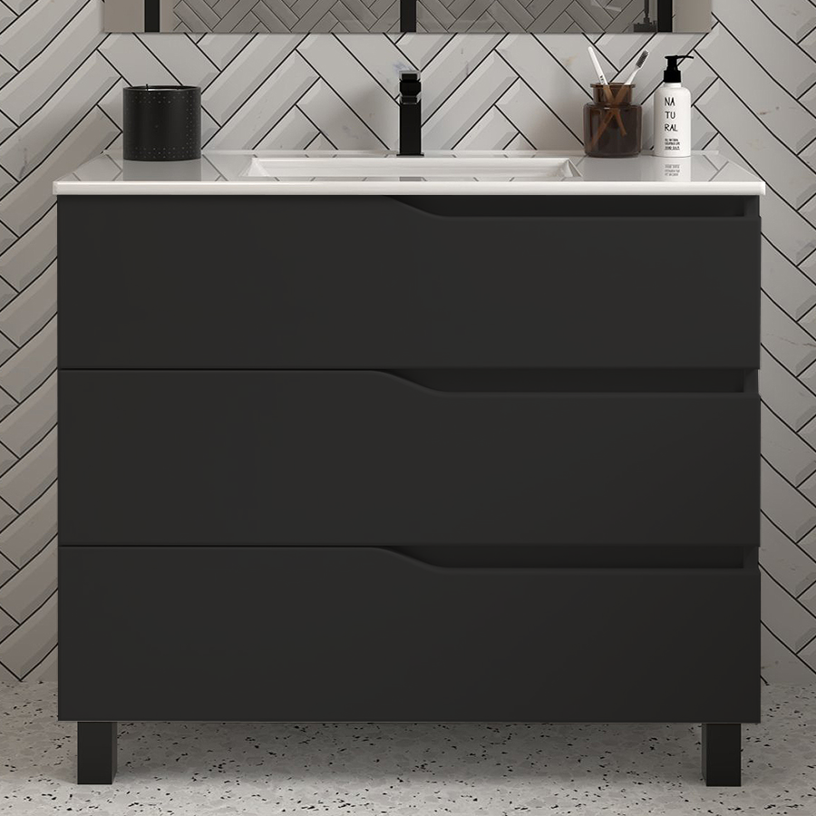 Meuble de salle de bain 80cm simple vasque - 3 tiroirs - noir - MATA - 2