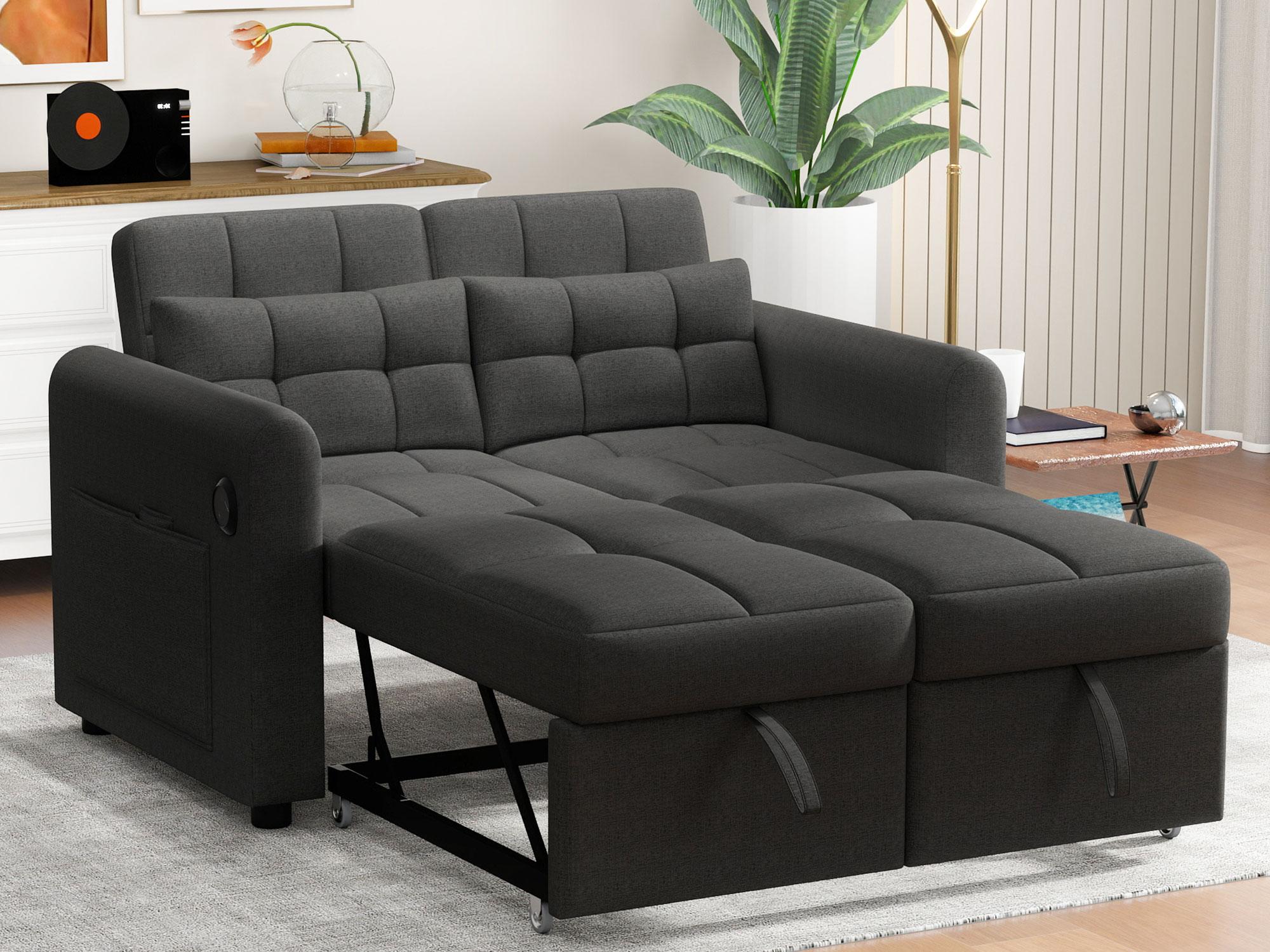 Sofa 3 w 1 - Sofa 2-osobowa - Regulowane oparcie - Z portem USB - Kieszenie na podłokietniki + poduszki - Szara