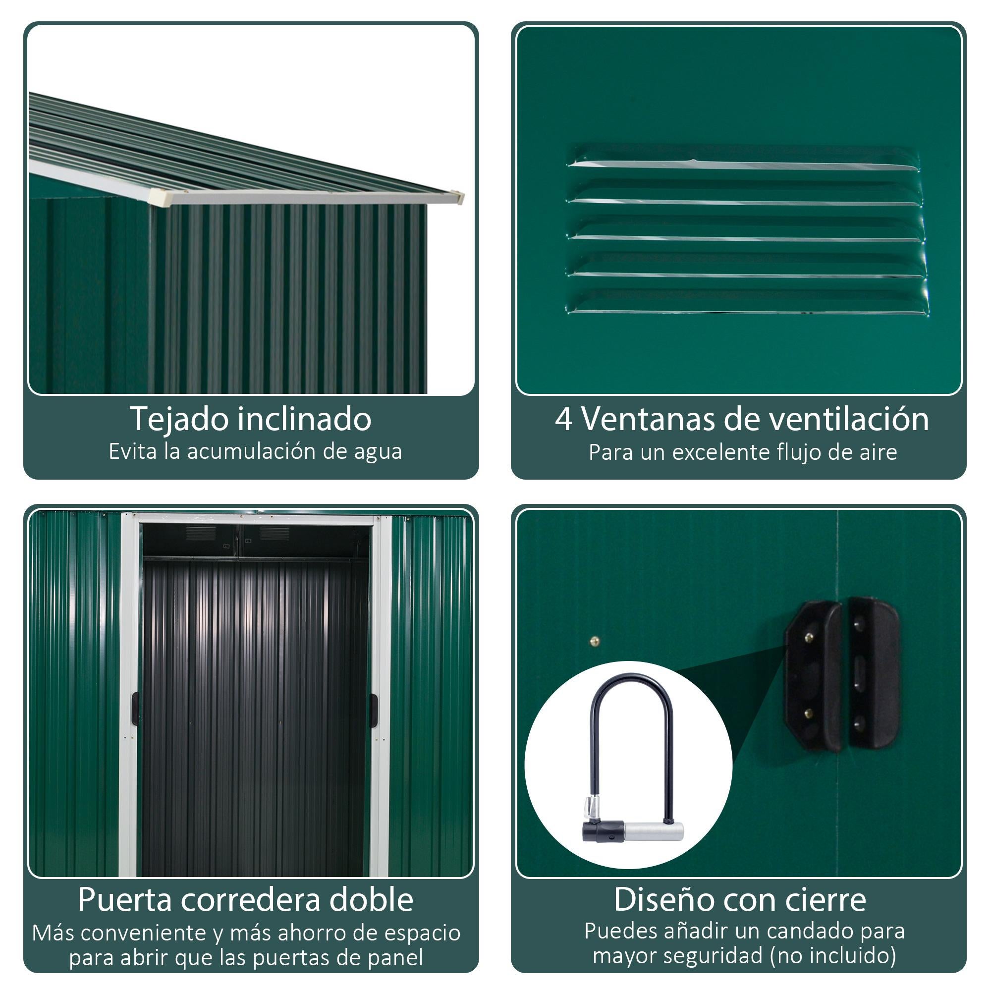 Caseta de Jardín Outsunny Acero, PP Verde 236x174x190 cm - 6