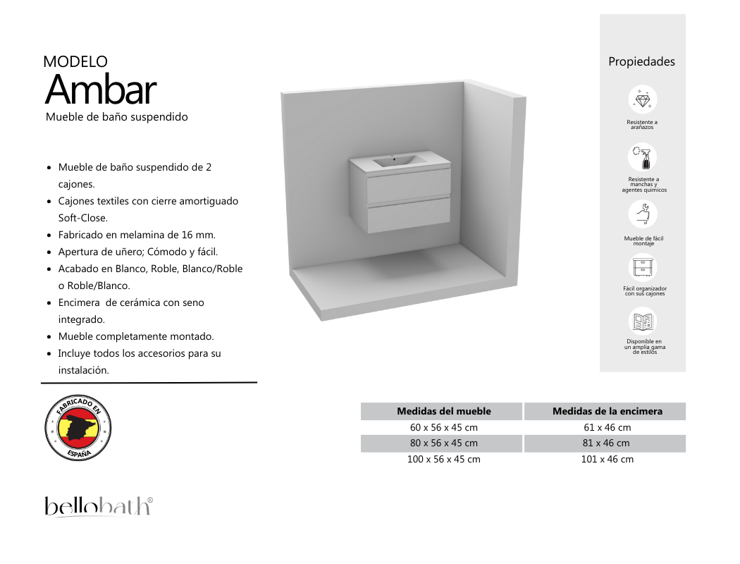 BELLOBATH - Meuble Salle de Bain avec Plan Vasque en Céramique, Meuble Monté avec 2 Tiroirs, 100 x 55 x 46 cm, Meuble Chêne - 5