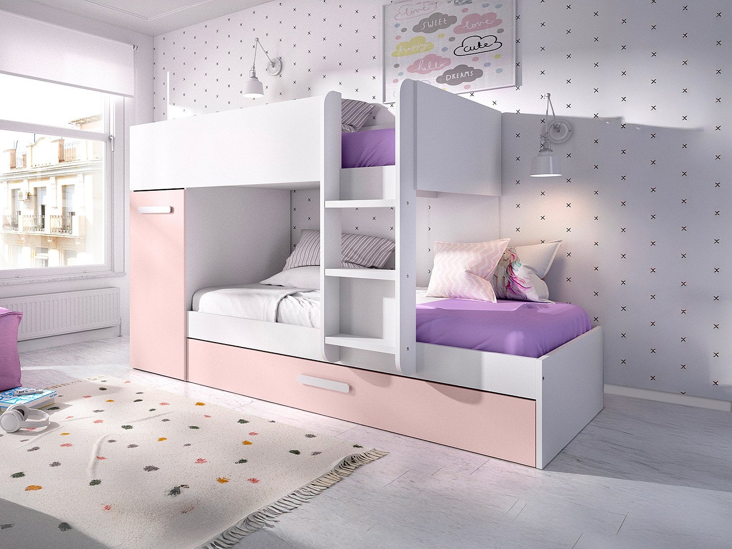 Letto A Castello Con Contenitori + Materasso 2 X 90 X 190 Cm Bianco E Rovere Anthony 84885532