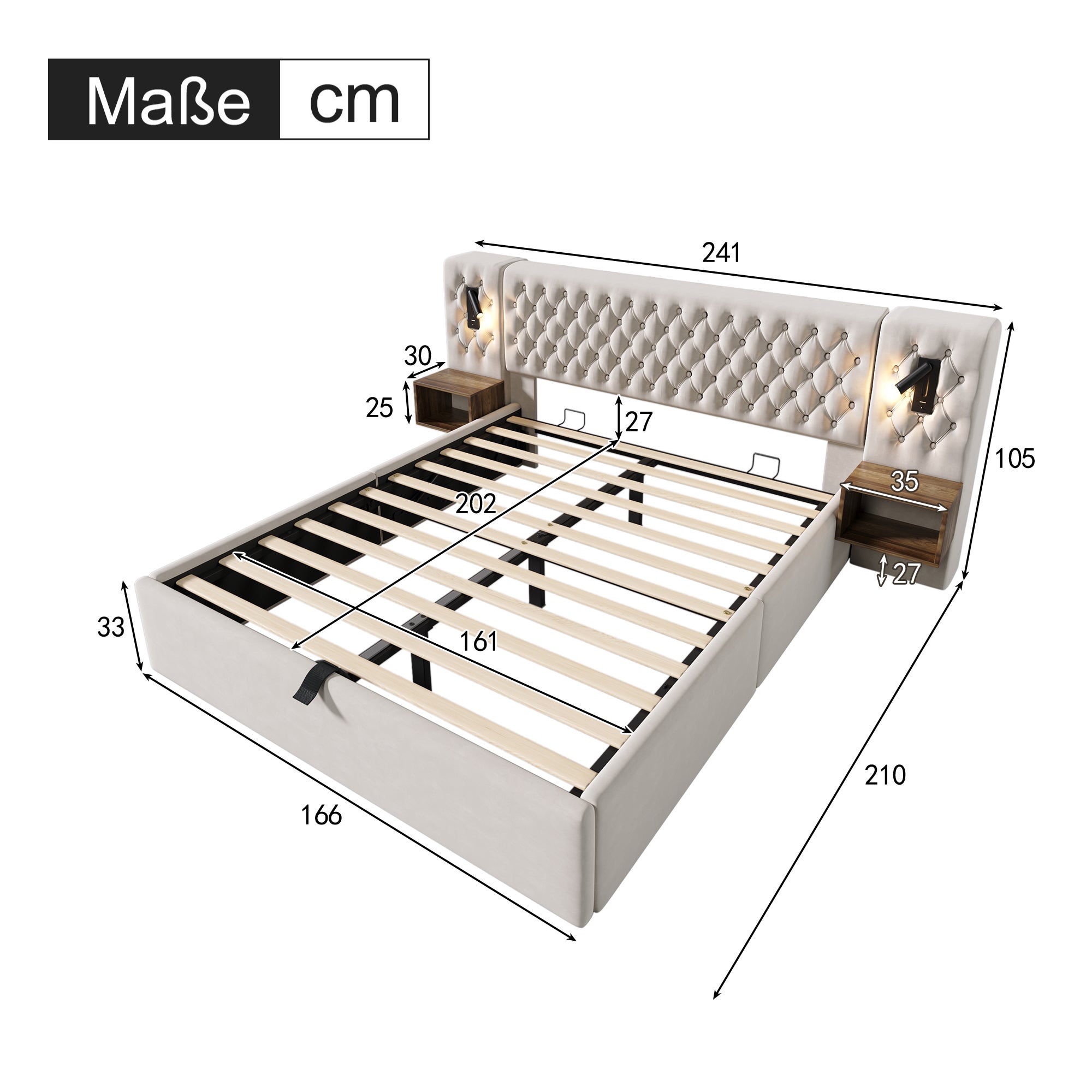 Letto Matrimoniale 160x200 cm con Contenitore Idraulico, Luci LED RGB App, Porte USB & Type-C, Velluto Beige, Testiera Curva | Leroy Merlin
