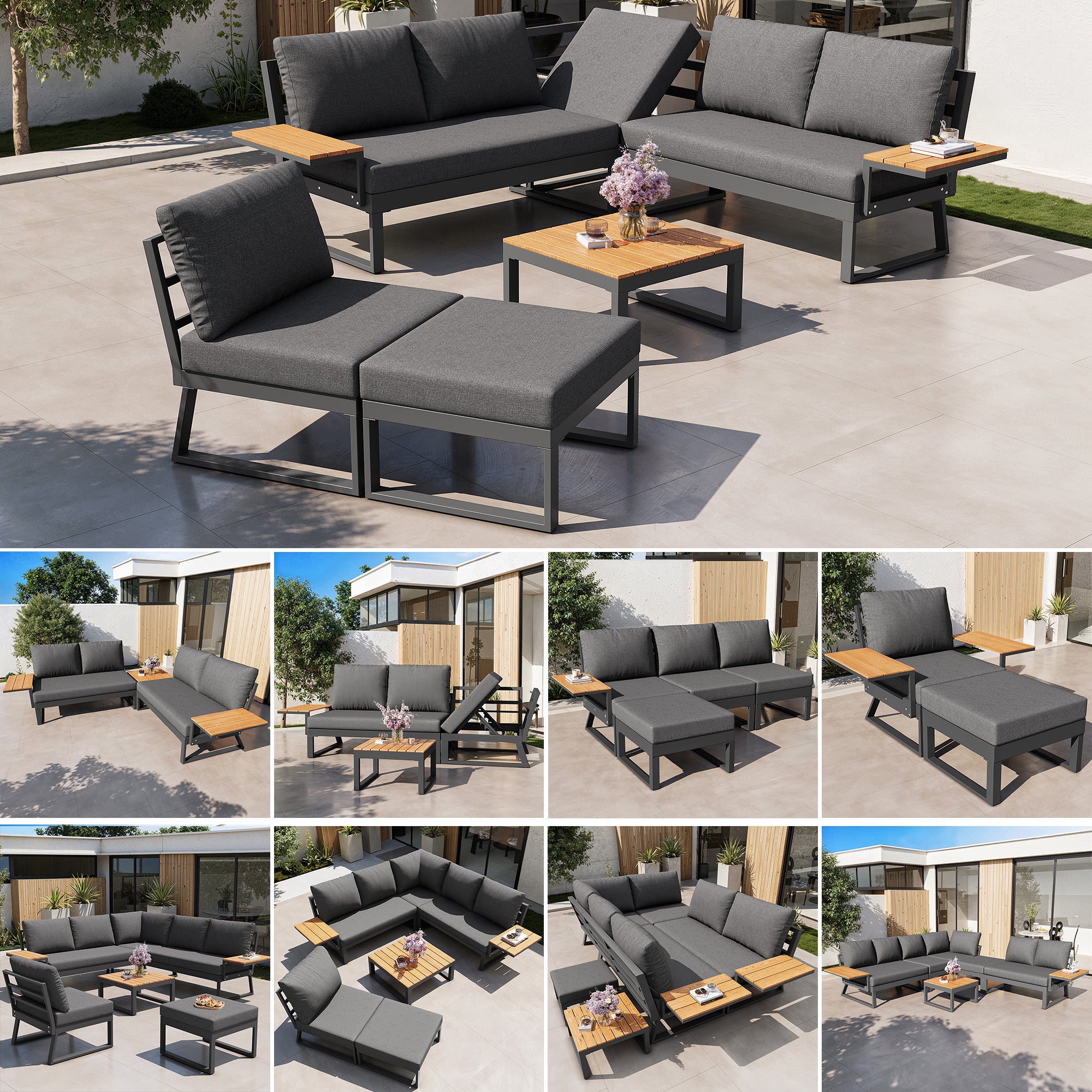 Salon de jardin inclinable en fer 7 places : 1 canapé d'angle 5 places + 1 fautueil + 1 tabouret + 1 table basse carrée - Gris - 2