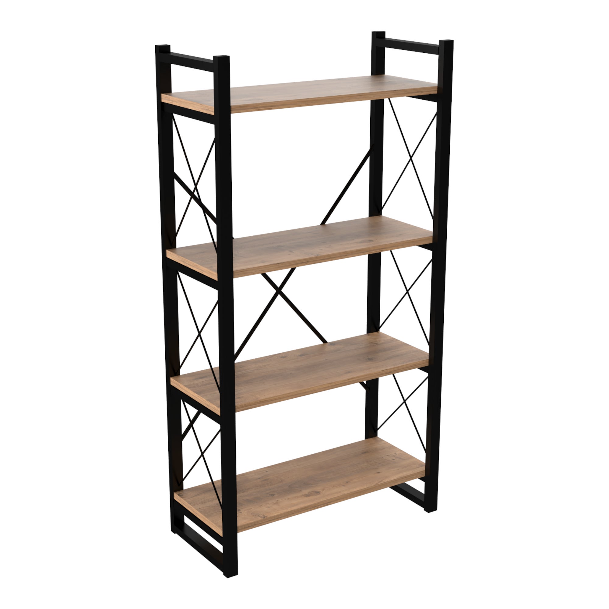 Scaffale A Terra 150x65x30 Cm - 4 Ripiani, Telaio Metallico Nero, Ripiani In Truciolare Color Legno