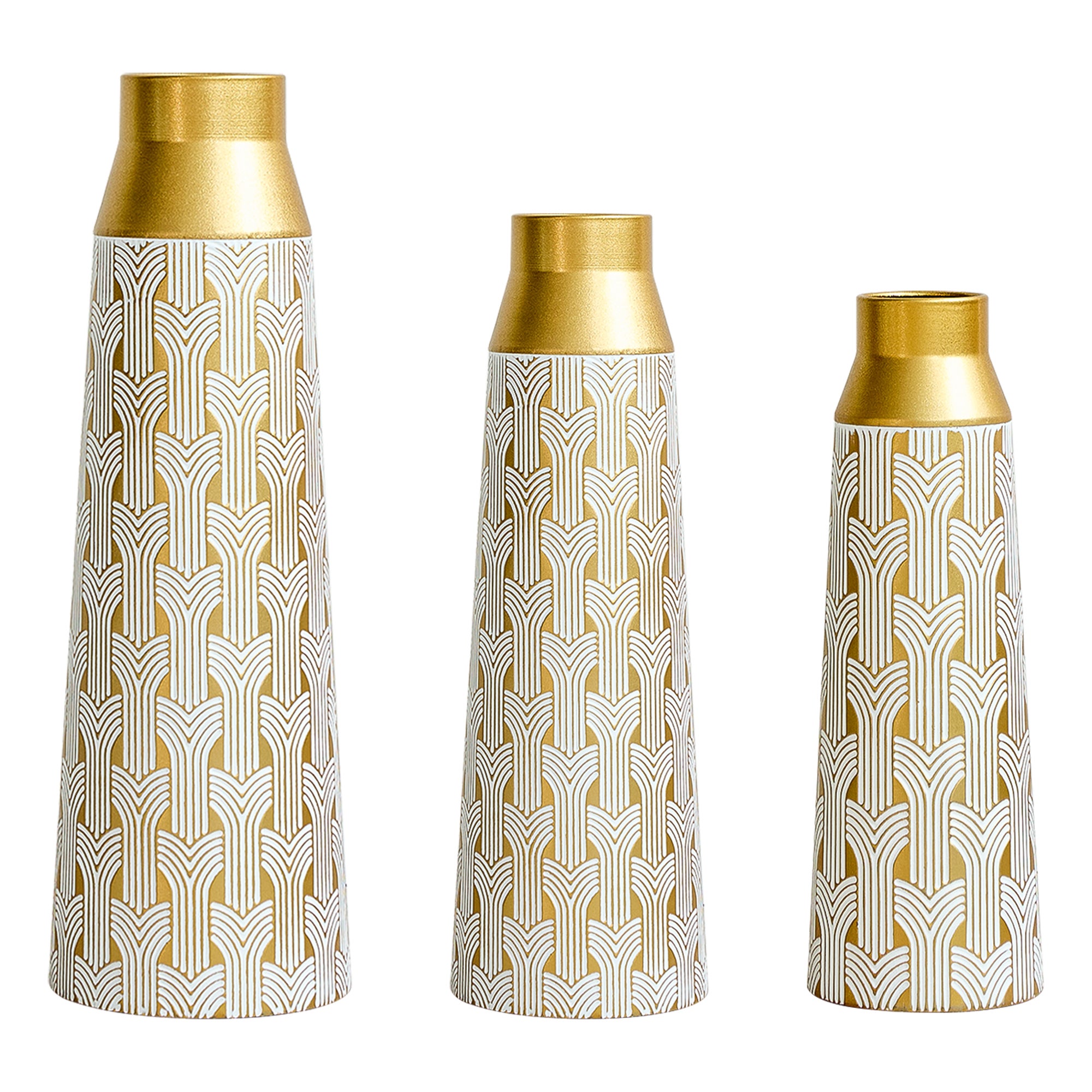 Set de 3 vaze de podea aurie, vaza moderna metalica cu model geometric, vaza decorativa mare 42/51/60,5 cm pentru living, sufragerie 3buc