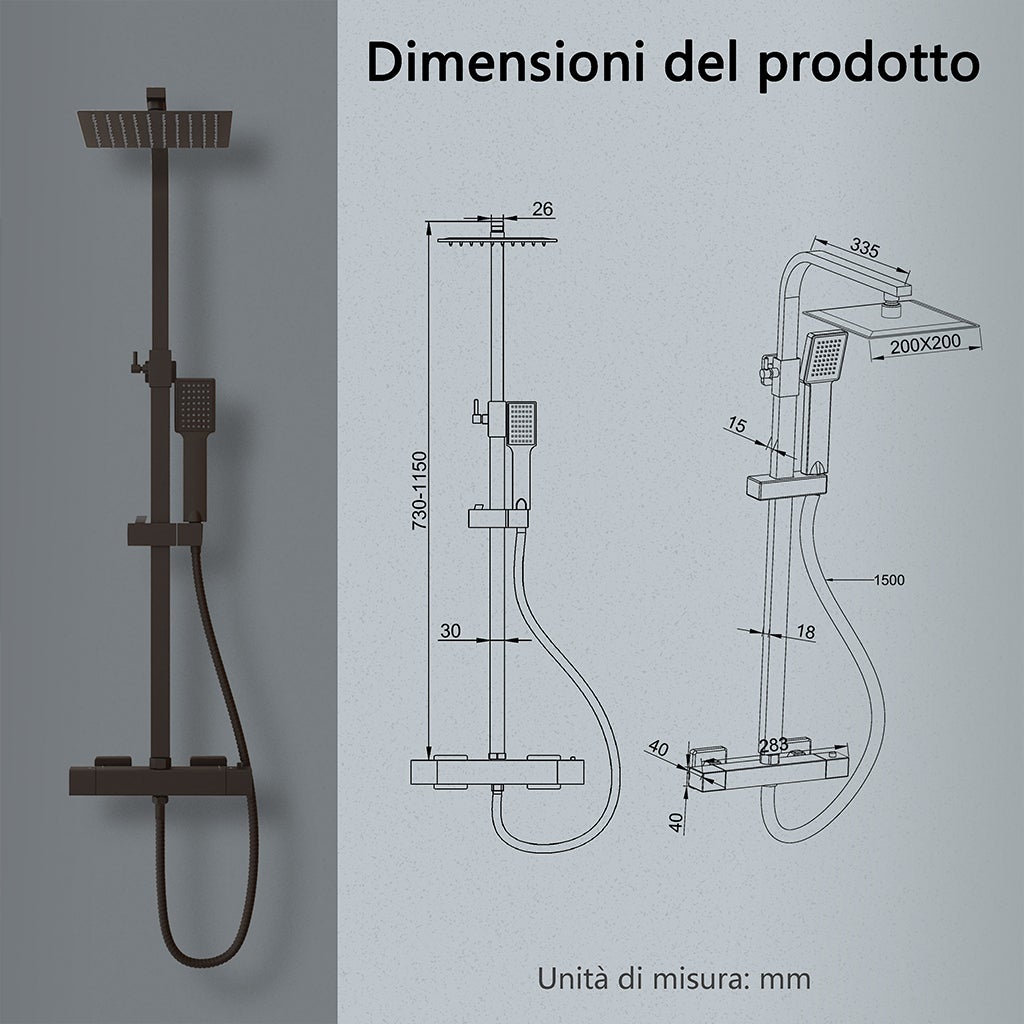AICA Colonna doccia multifunzioni termostato soffione quadrato in acciaio inox rubinetteria doccia termostatica nero - 7