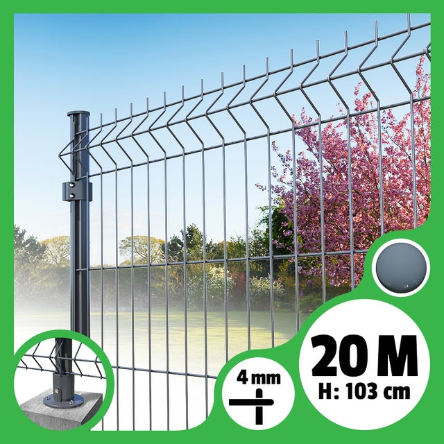 Kit grillage rigide poteaux ronds - longueur 20 mètres - 103 cm, Gris Anthracite, A visser ( platines fournies )