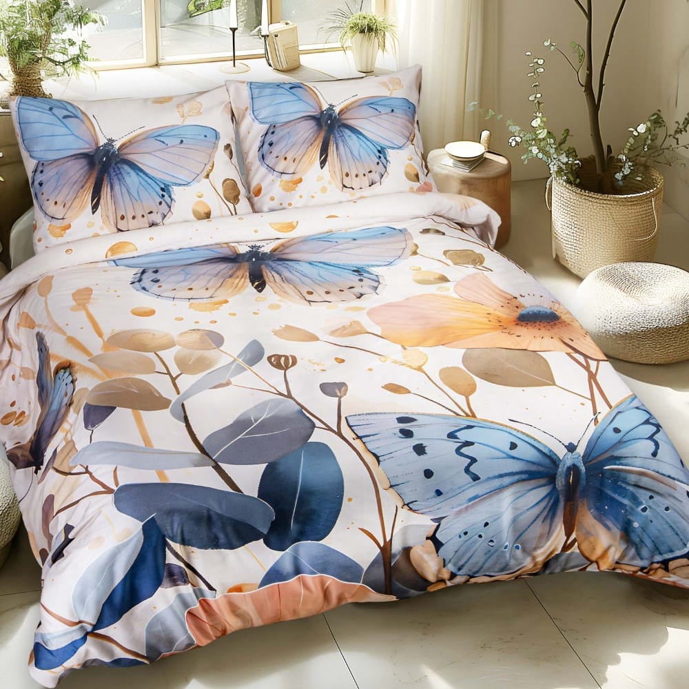 Pościel satyna bawełniana 160x200 Satynlove Premium kremowa z niebieskimi motylami - Darymex