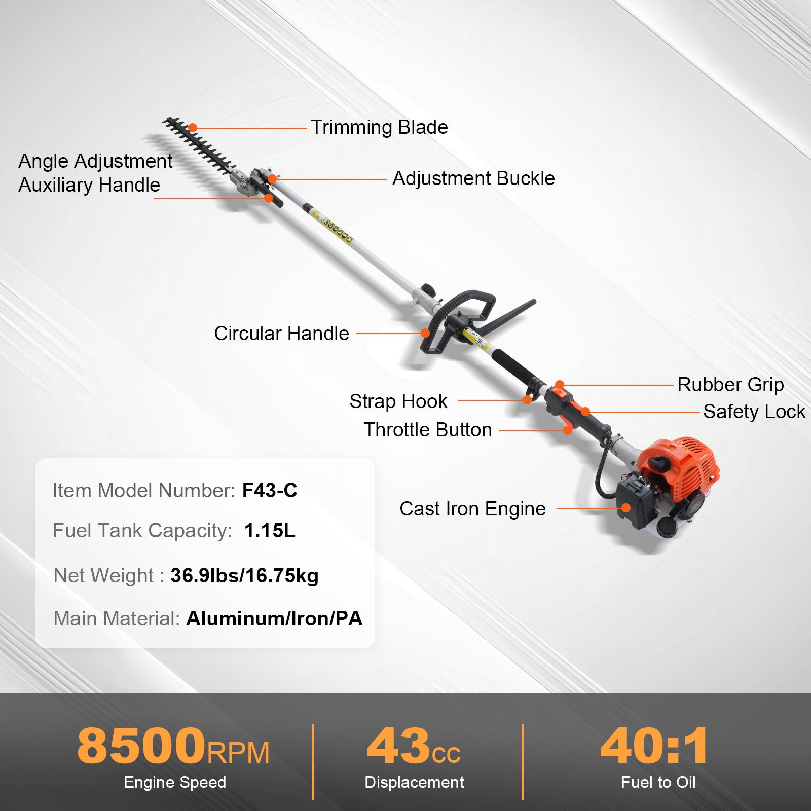 Outil de coupe à essence multifonction 6 en 1 SucceBuy, moteur 43CC, taille-haie, coupe-herbe, débroussailleuse, coupe-bordures, scie à perche - 9
