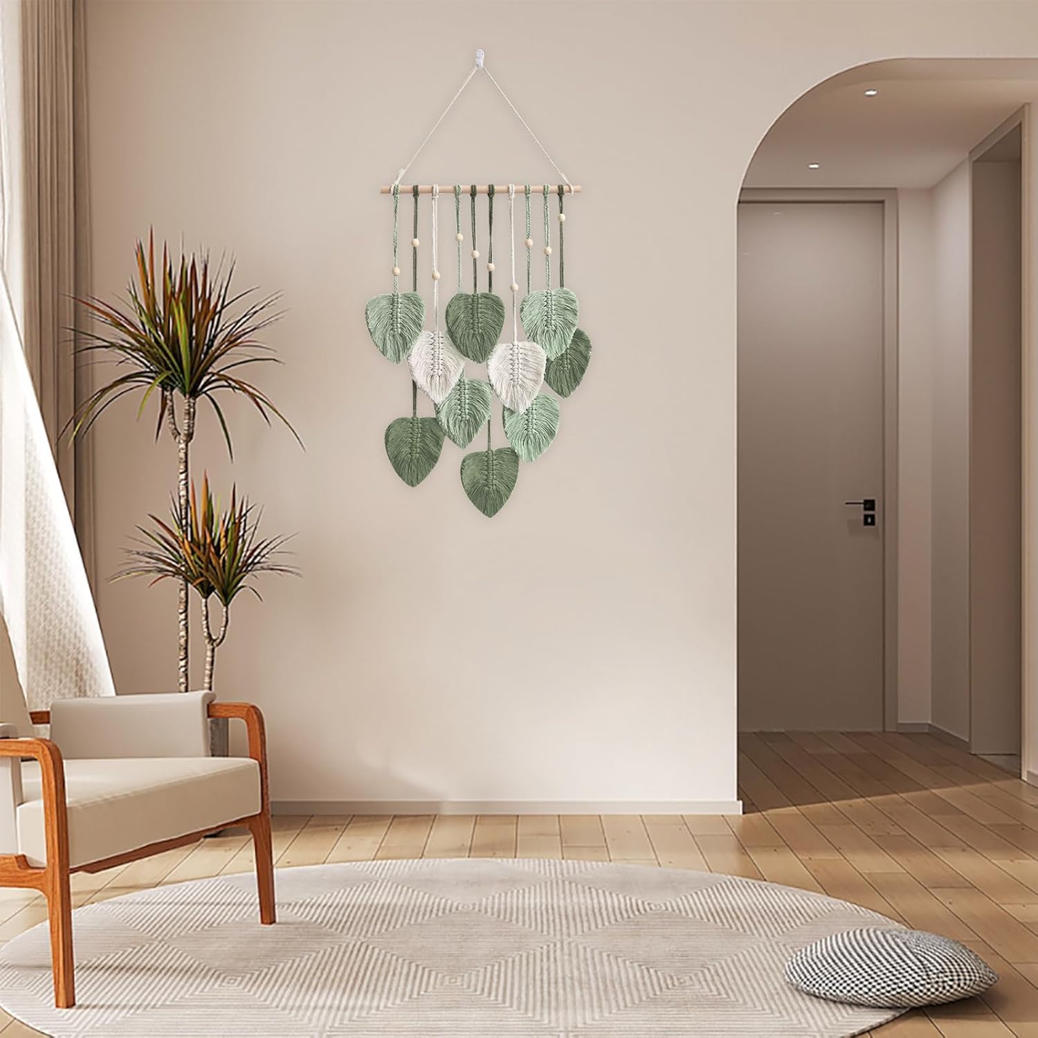 Tenture murale en macramé, tapisserie tissée bohème, grand pompon en forme de feuille, art mural tissé à la main, 66 x 40 cm, vert - 4