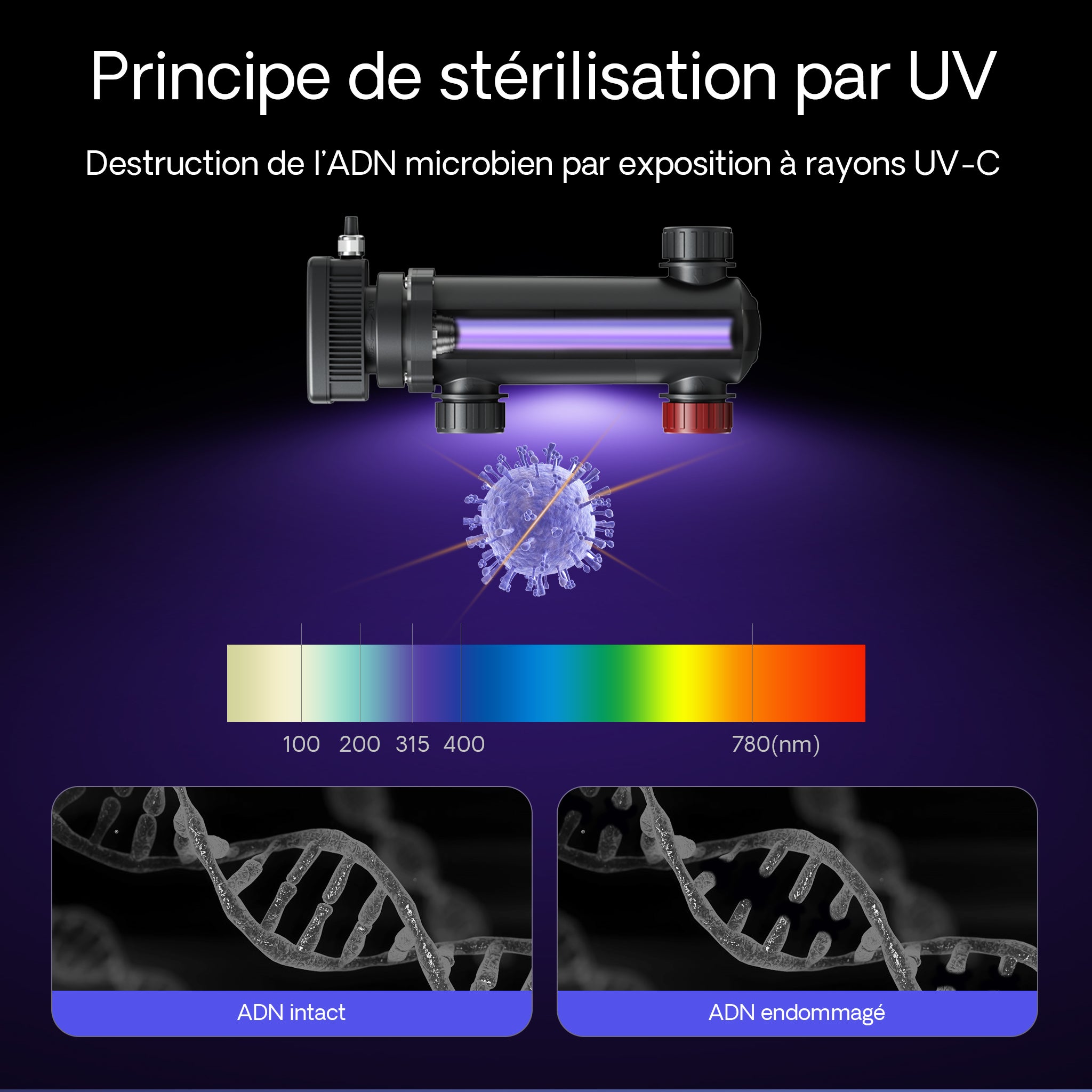 CUV-318 Stérilisateur Clarificateur de bassins ou d’étang - débit max. 3000 l/h - avec Lampe rayons UV-C 18 W + Miroir inox - pour Poissons… SunSun... - 4