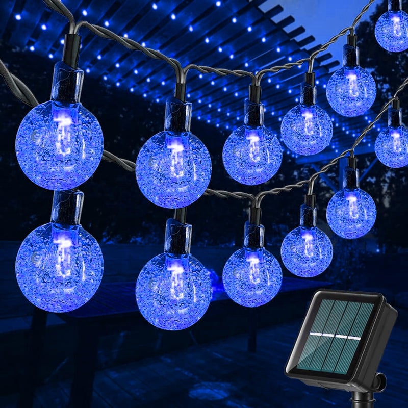 Solarne lampki choinkowe, 60 diod LED w kształcie kul, 11 m długości, 8 trybów świecenia, odpowiednie do ogrodu, na trawnik, światło niebieskie