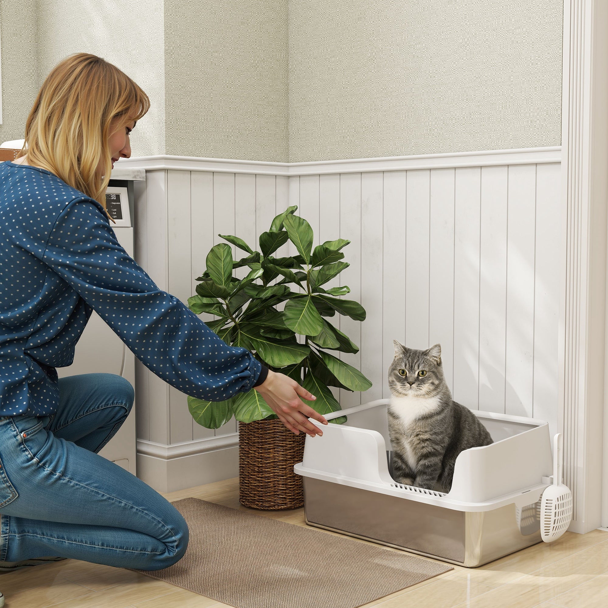 PawHut Bac à Litière Pour Chat Fermé, Maison De Toilette Pour Chat En Acier Inoxydable 60 2 X 40 2 X 43 7 Cm Gris Clair