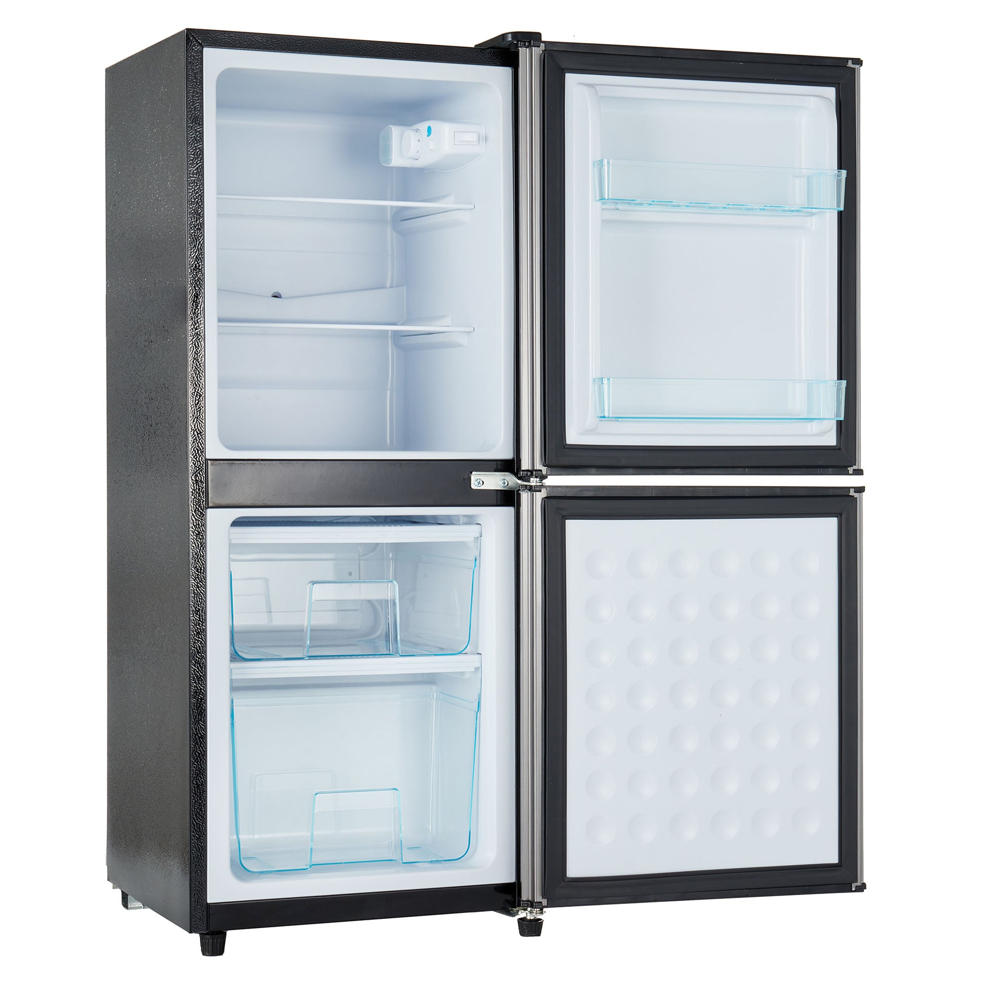 Réfrigérateur congélateur bas avec 2 Portes - 106 L ( 60+46) - Classe E - -25 °C ~10 °C - Pose libre - 42.5x44.5x102cm - Acier inoxydable - Gris - 9
