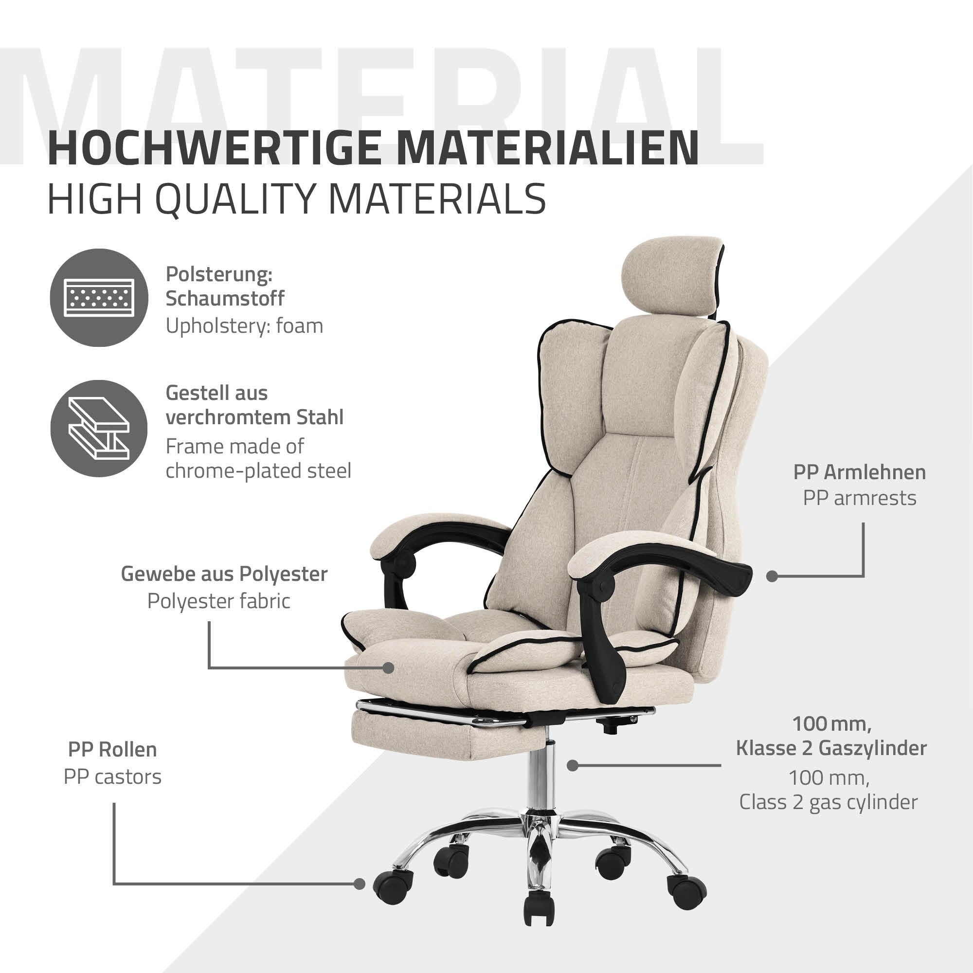 ML-Design chaise de bureau ergonomique, beige, chaise de bureau réglable en hauteur avec dossier haut, chaise pivotante avec repose-pieds - 6