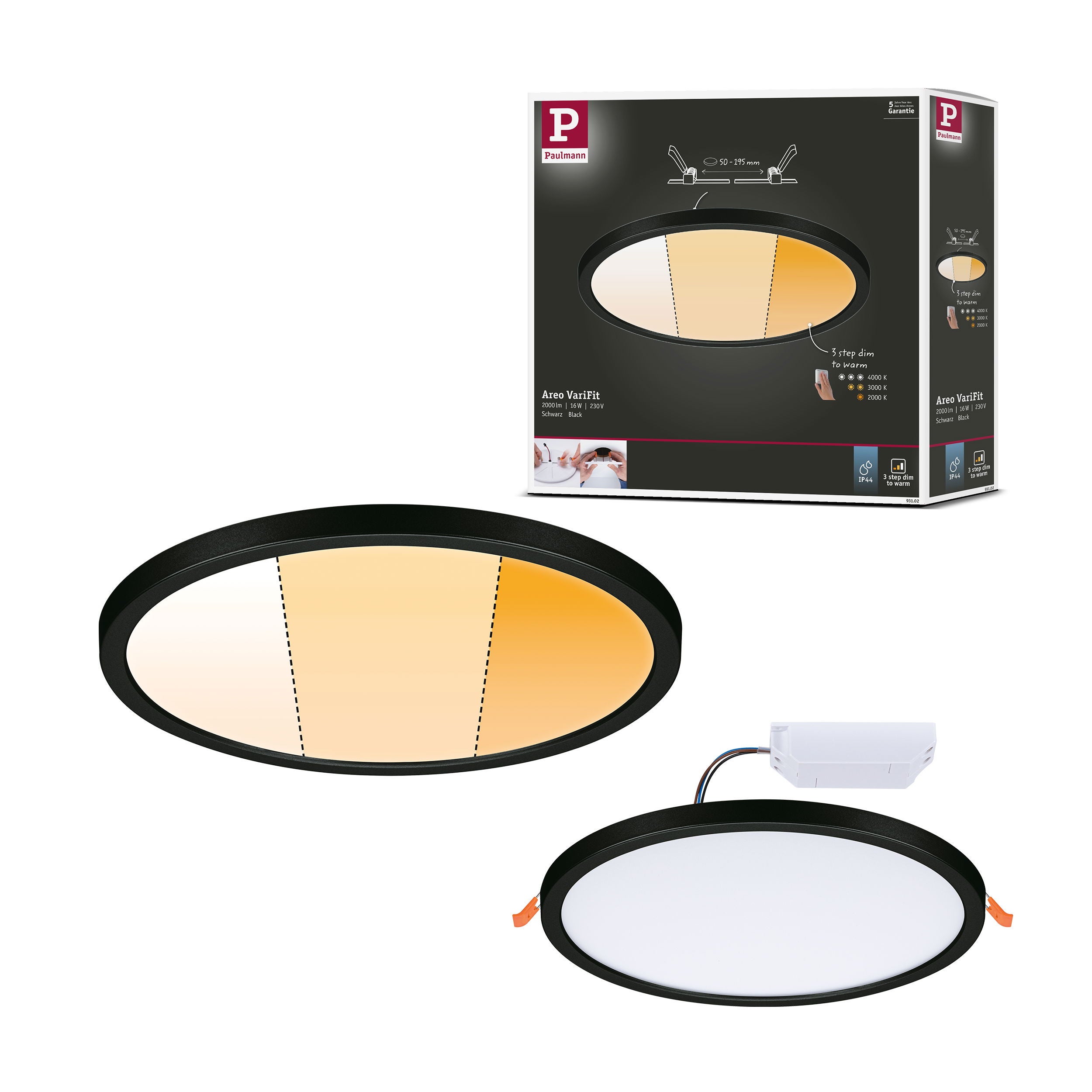Paulmann 79963 panneau LED panneau encastré Areo IP44 175 mm rond incl. 1x13 watts Blanc chaud Noir synthétique système d'éclairage 3000 Kelvin