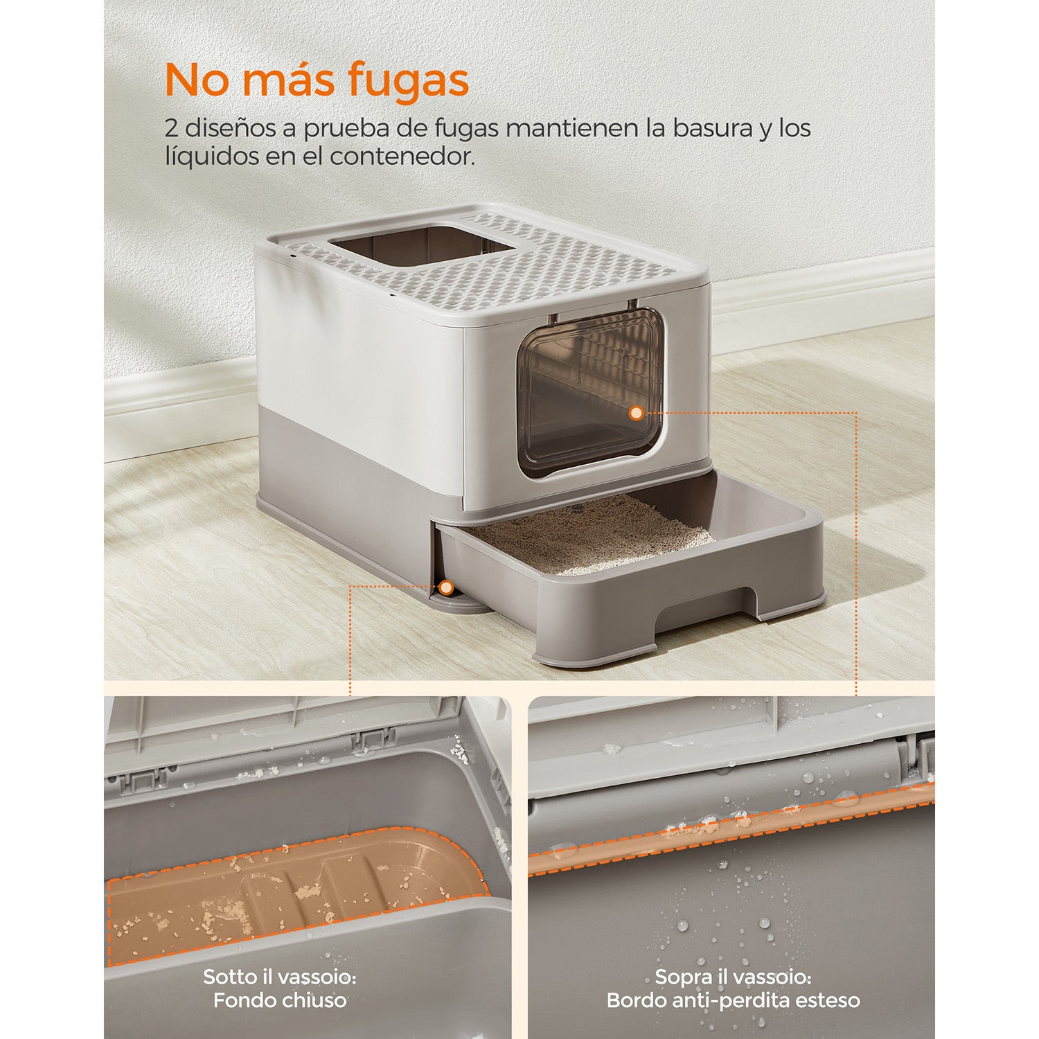 Arenero para gatos grandes con bandeja extraíble, incluye pala y cepillo, carga hasta 15 kg, sistema antifiltración y antiescapes, avena y gris cálido - 3