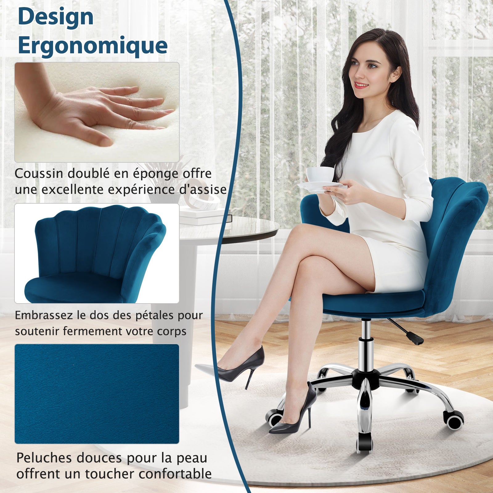 Fauteuil de Bureau en Velours avec 5 Roues Universelles, Chaise de Coiffeuse(Bleu) - 5