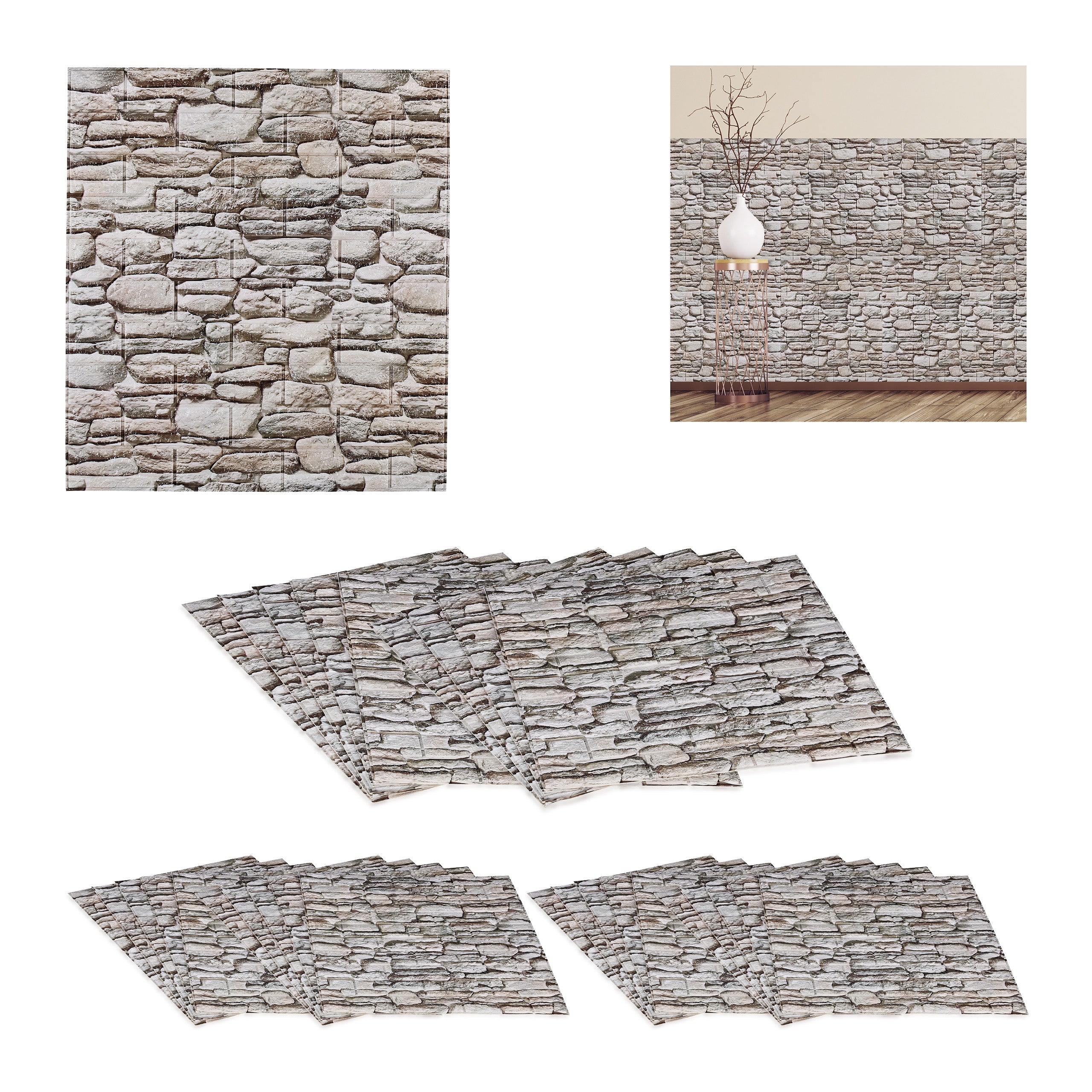 30 paneles pared, efecto piedra, autoadhesivos, cortables a medida, 3d, 77 x 70 cm, pegatinas decoración, roca, gris