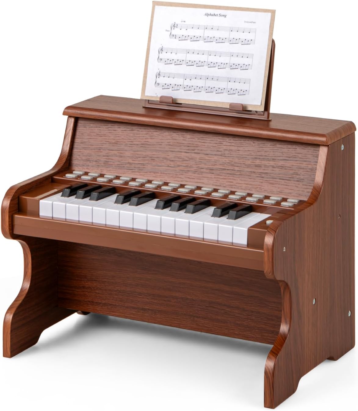 Klawiatura Fortepianowa dla Dzieci z 25 Podświetlanymi Klawiszami, Cyfrowy Fortepian Drewniany z Pulpitkiem, Regulowana Głośność/Prędkość (Brązowy)