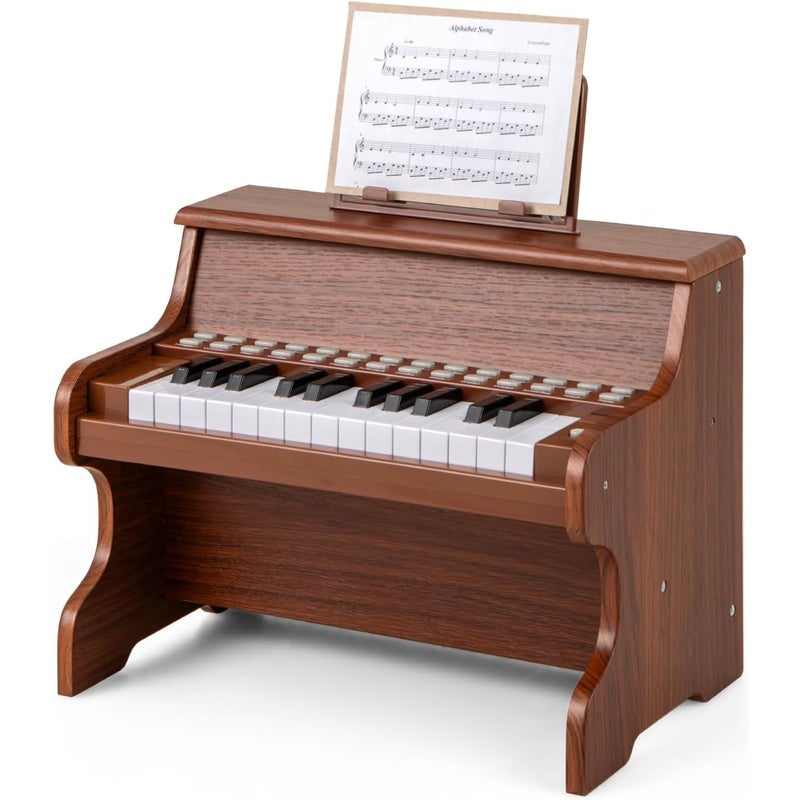 Klawiatura Fortepianowa dla Dzieci z 25 Podświetlanymi Klawiszami, Cyfrowy Fortepian Drewniany z Pulpitkiem, Regulowana Głośność/Prędkość (Brązowy)