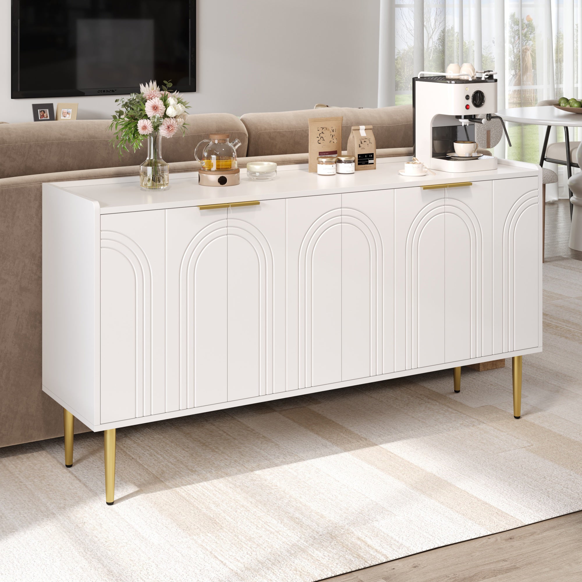 Nowoczesny buffet 140x38x75 cm - 4 fronty - Nogi metalowe - MDF - Biały - 3