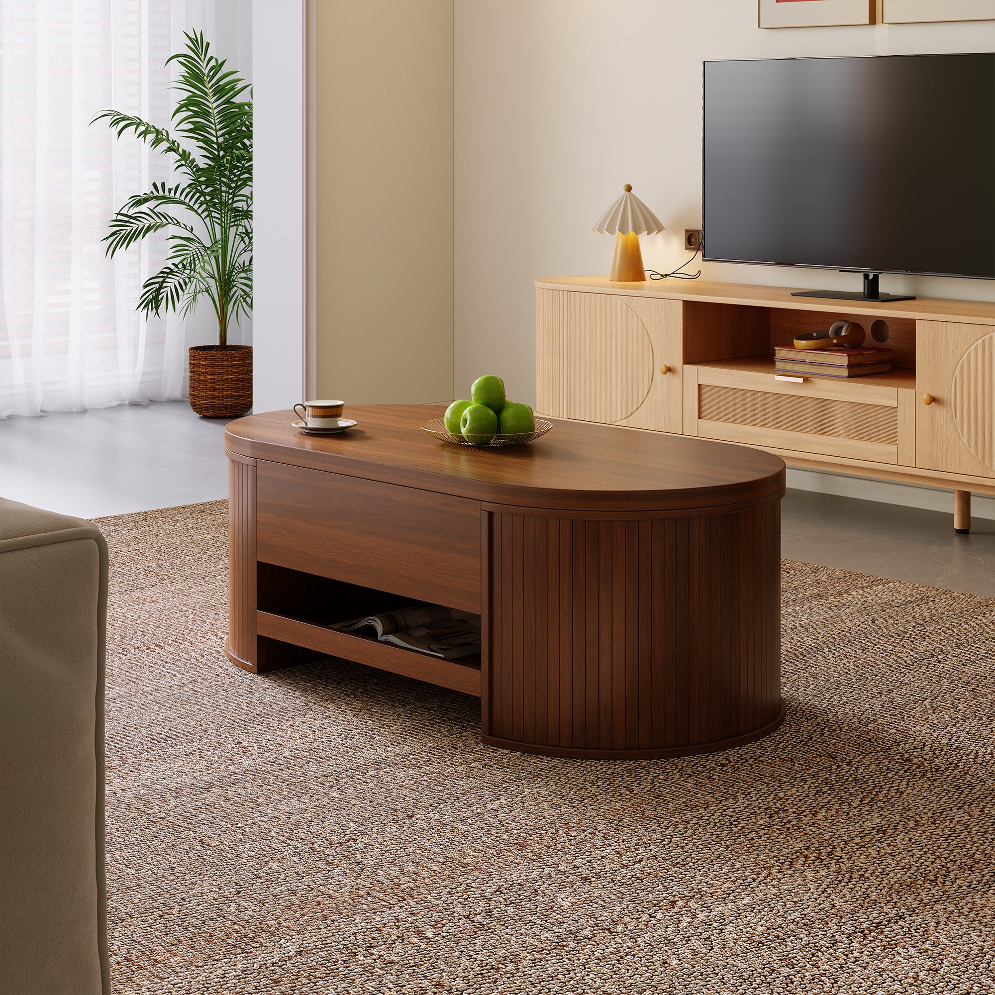 Tavolino da caffè sollevabile con 1 cassetto ovale - 110 x 55,5 x 55 cm - MDF - Per soggiorno - Marrone - 8