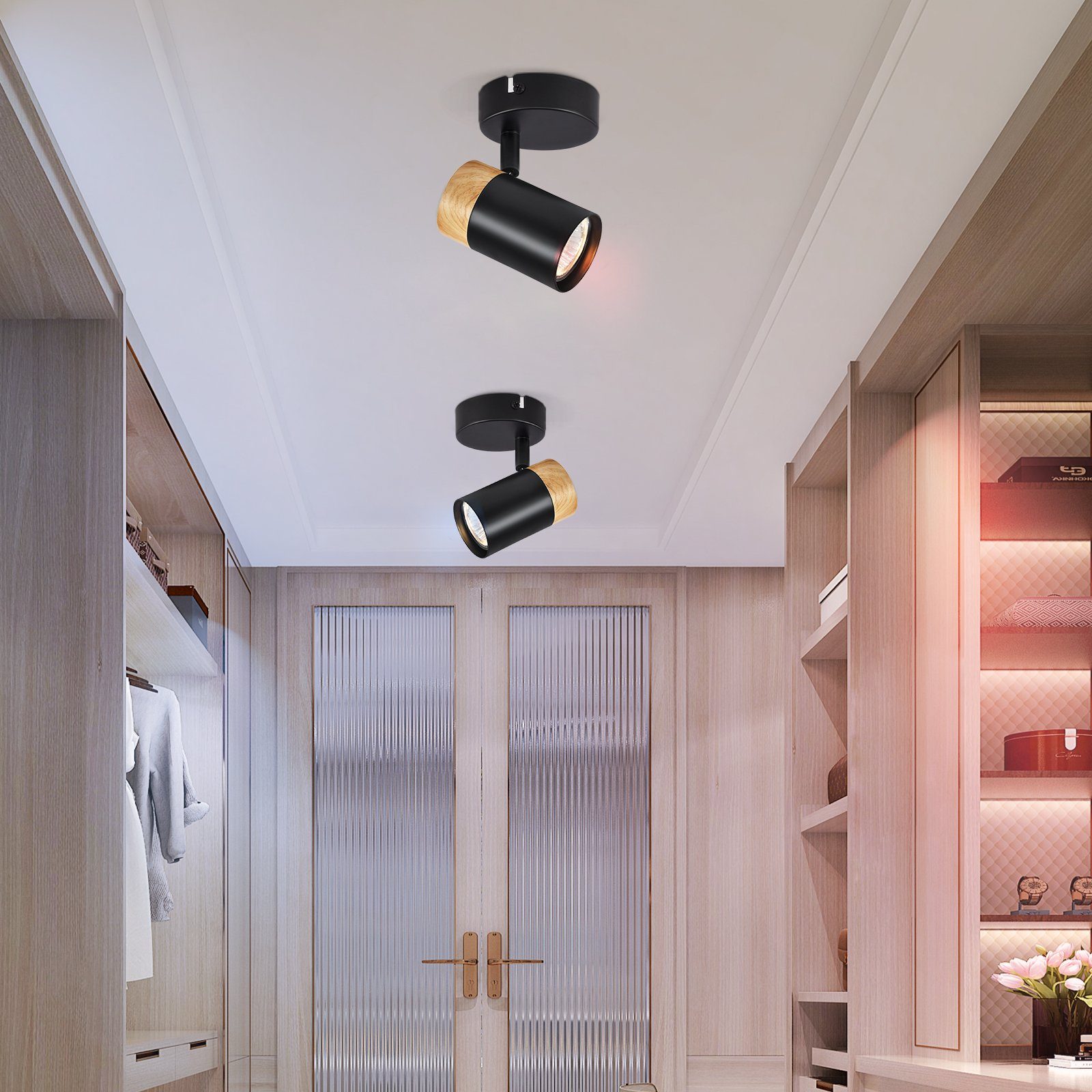 NETTLIFE Plafonnier LED Spot Spots en Bois GU10 Pivotant 330° Lampe Noir Vintage Intérieur pour Couloir Salon Chambre Cuisine - 8