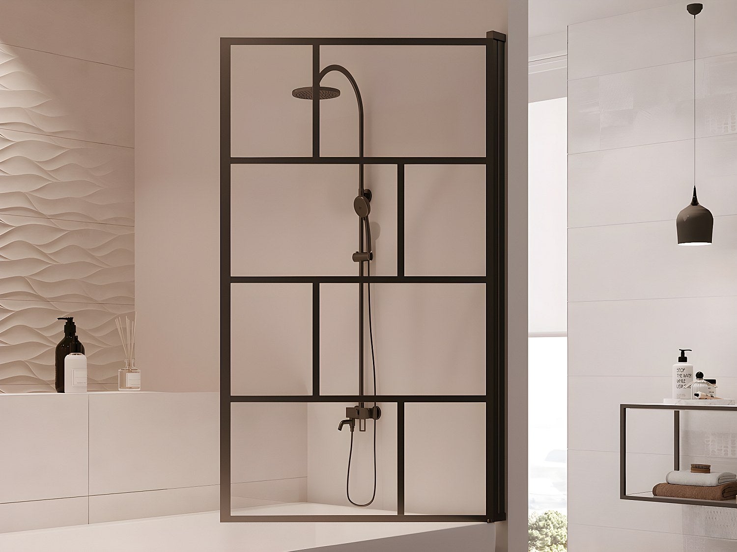 Obrotowy parawan nawannowy w industrialnym stylu – 80 × 140&nbsp;cm – kolor czarny matowy – szkło – RIVANON