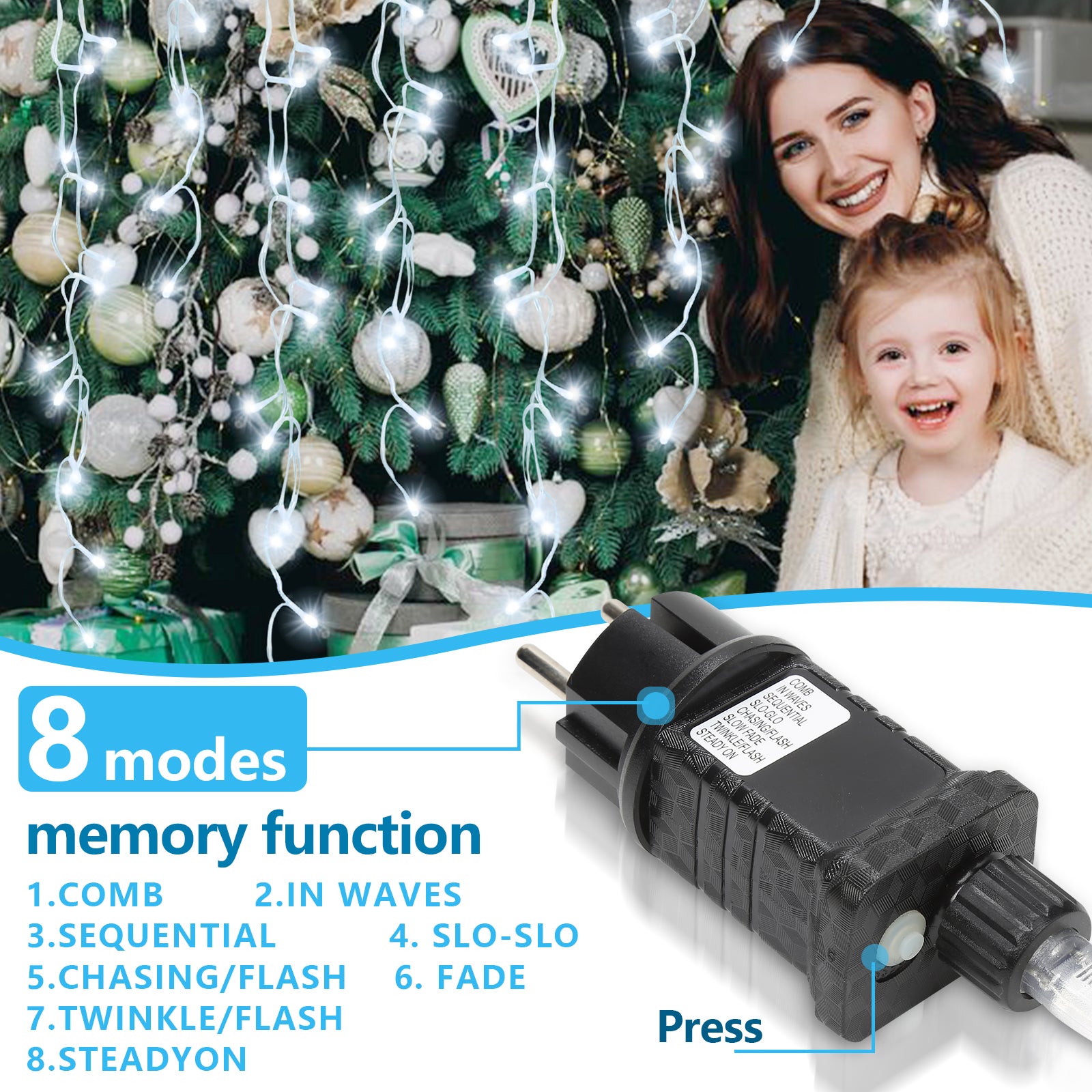 Tenda di Natale LED Stringa 10M 400LEDs Luce di Natale Tenda Finestra Decorazione Natale Matrimonio Compleanno Casa Patio Bianco Fresco - 4