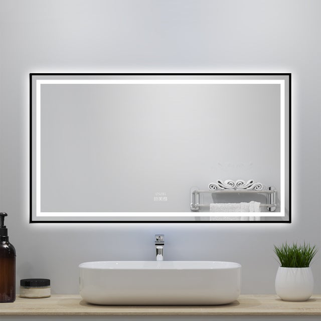 Miroir lumineux de salle de bain avec Bluetooth 120x80cm, Horloge + 3 Couleurs + Dimmable + Anti-Buée, Noir Cadre Non-Métallique