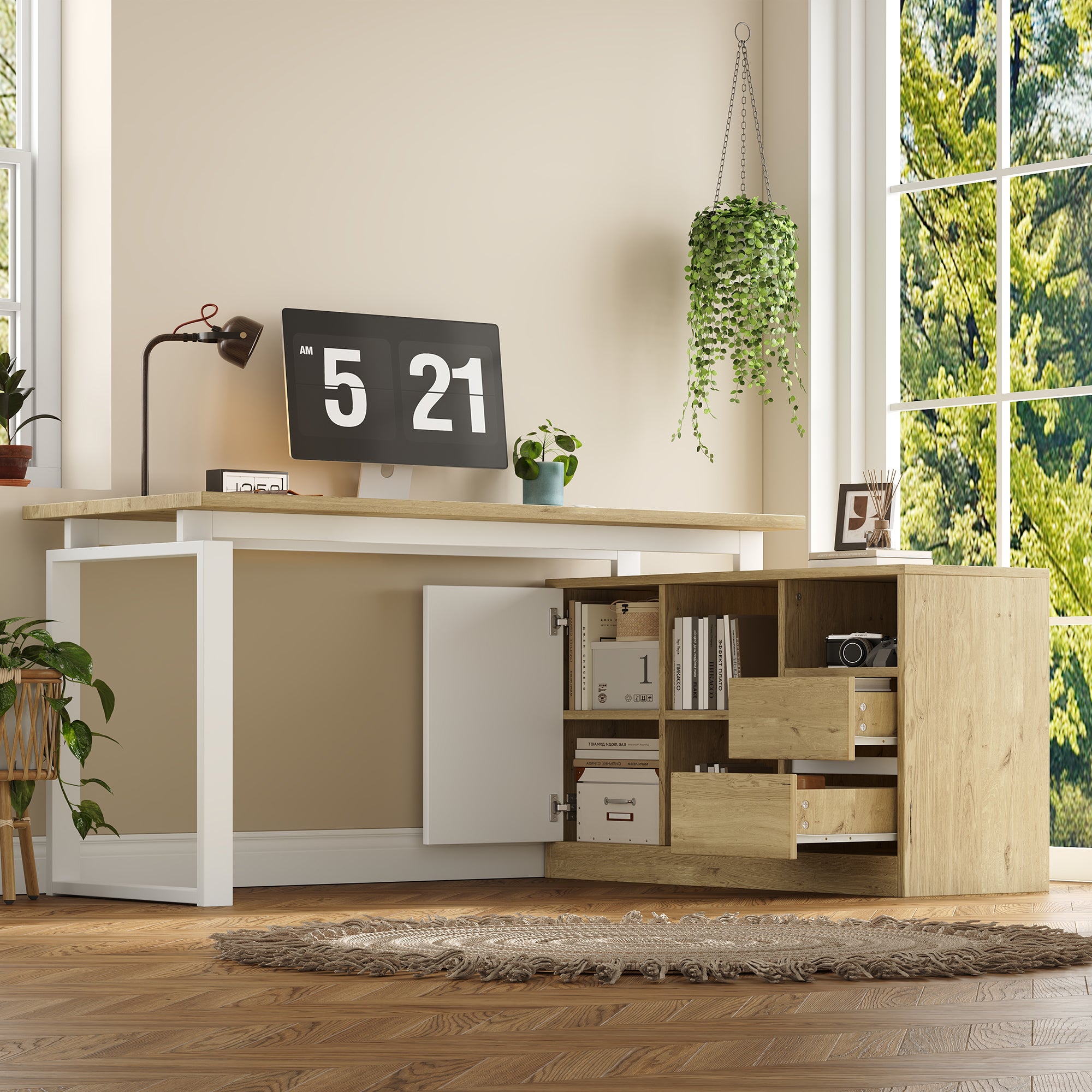 Bureau d'angle avec 2 tiroirs, 3 étagères ouvertes et 1 porte - 152 x 113,5 x 76 cm - MDF et métal - Étagères réglables - Bois naturel et Blanc - 3