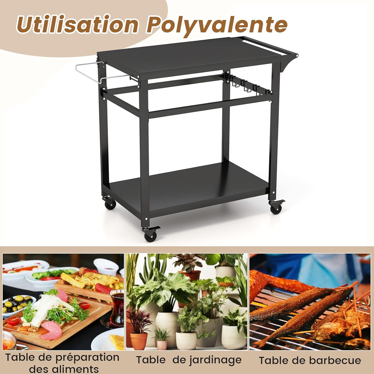 Desserte Jardin, Chariot de Barbecue avec 4 roulettes Verrouillables, Desserte Extérieur pour Barbecue, Plancha avec 4 Crochets et Étagère - 7