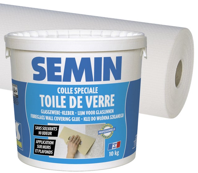 Colle pour toiles de verre en pâte Semin - seau 5 kg et toile de verre pour murs et plafonds Sem Toile Eco T 023 - motif maille - 50 m x 1 m