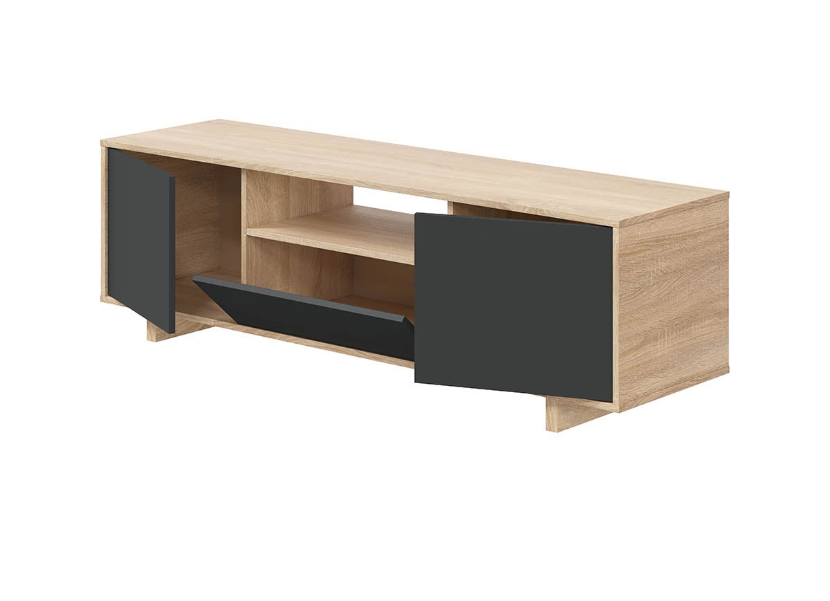 Meuble TV avec 3 portes coloris chêne canadien / gris anthracite - Hauteur 46 x Largeur 150 x Profondeur 41 cm - 2