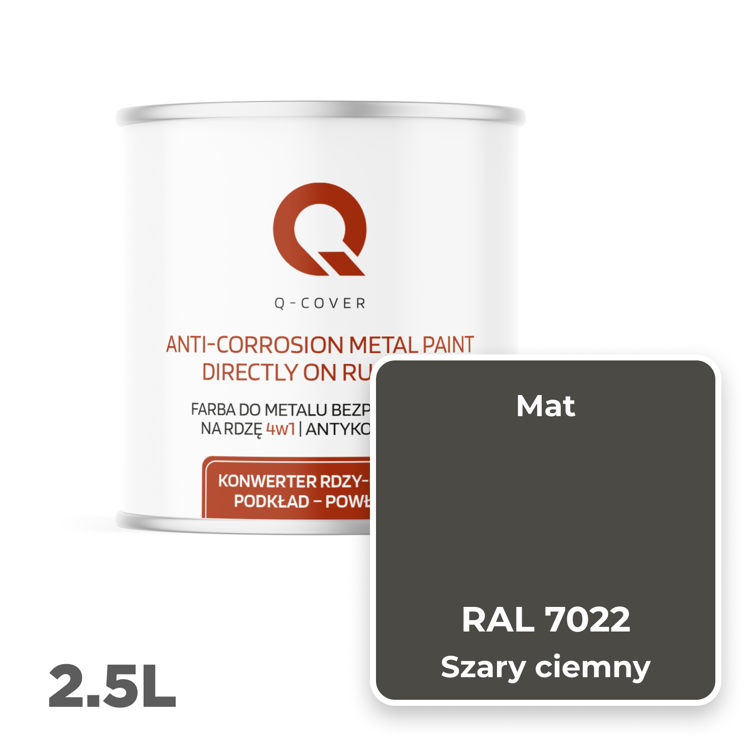 Farba do Metalu Prosto na Rdzę 4w1 Q-Cover Szary ciemny RAL7022 Mat 2.5L - 2